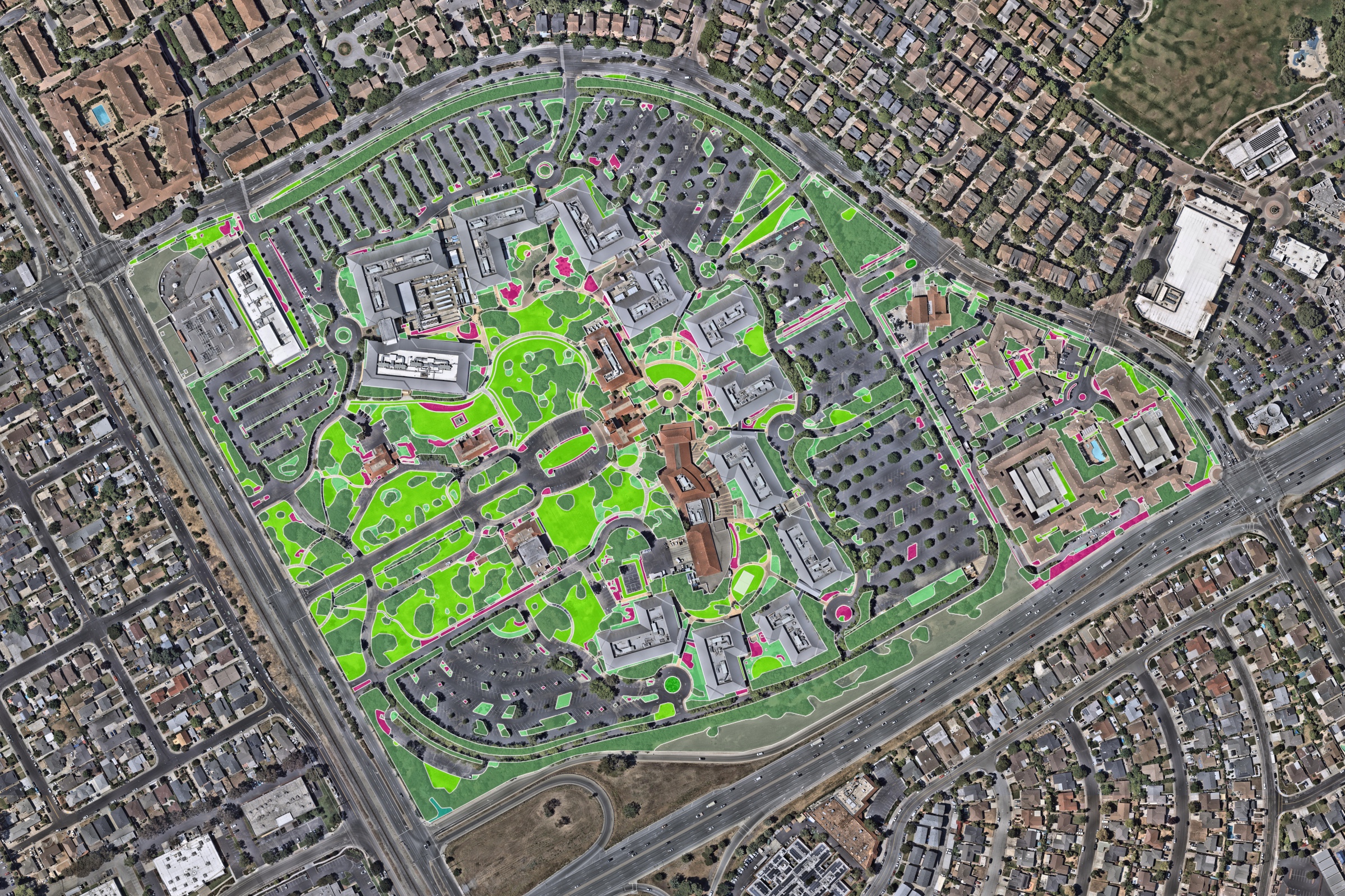 Planted and natural surfaces measured from aerial imagery: turf, tree canopy, mulch beds, and hedges on a Santa Clara commercial campus