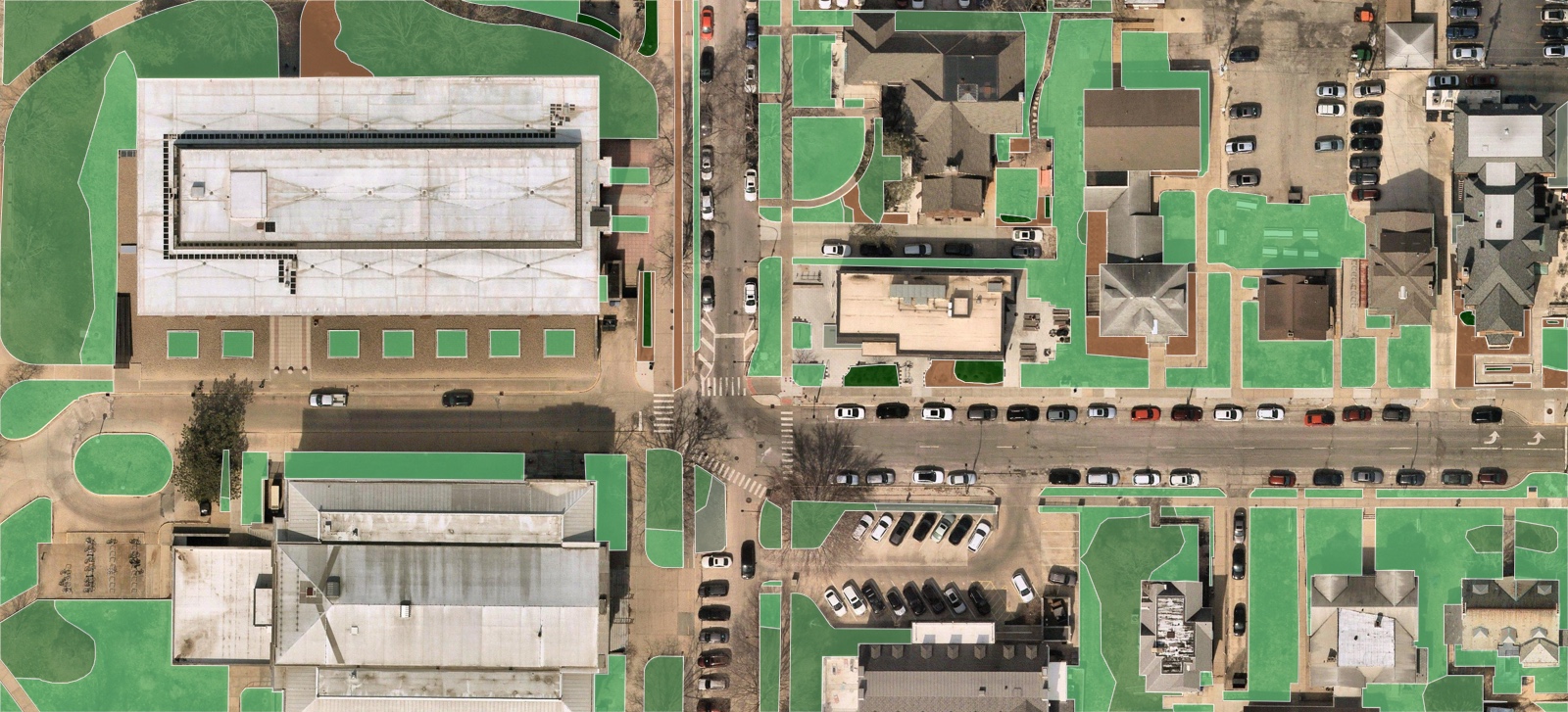 Softscape takeoff: turf, mulch beds, tree canopy, and shrubs measured from aerial imagery