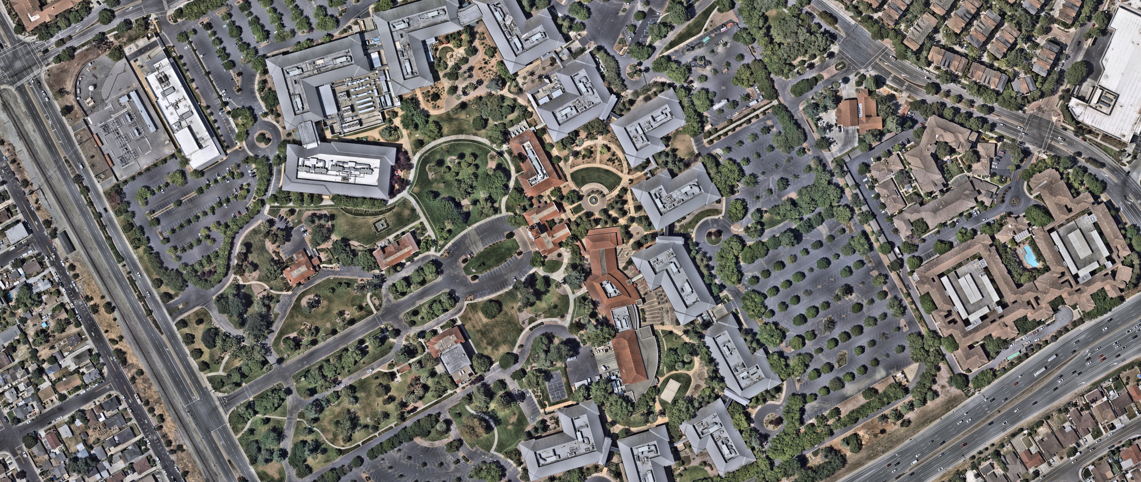 High-resolution aerial imagery of a 96-acre commercial campus in Santa Clara before takeoff
