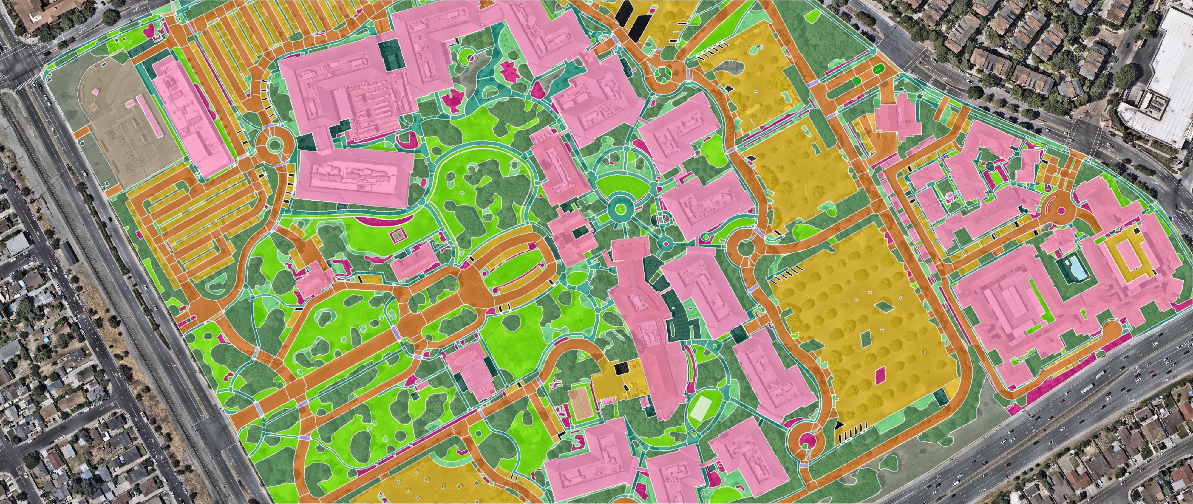 The same campus after aerial takeoff: buildings, parking, driveways, sidewalks, turf, tree canopy, and planting beds measured and colour-coded