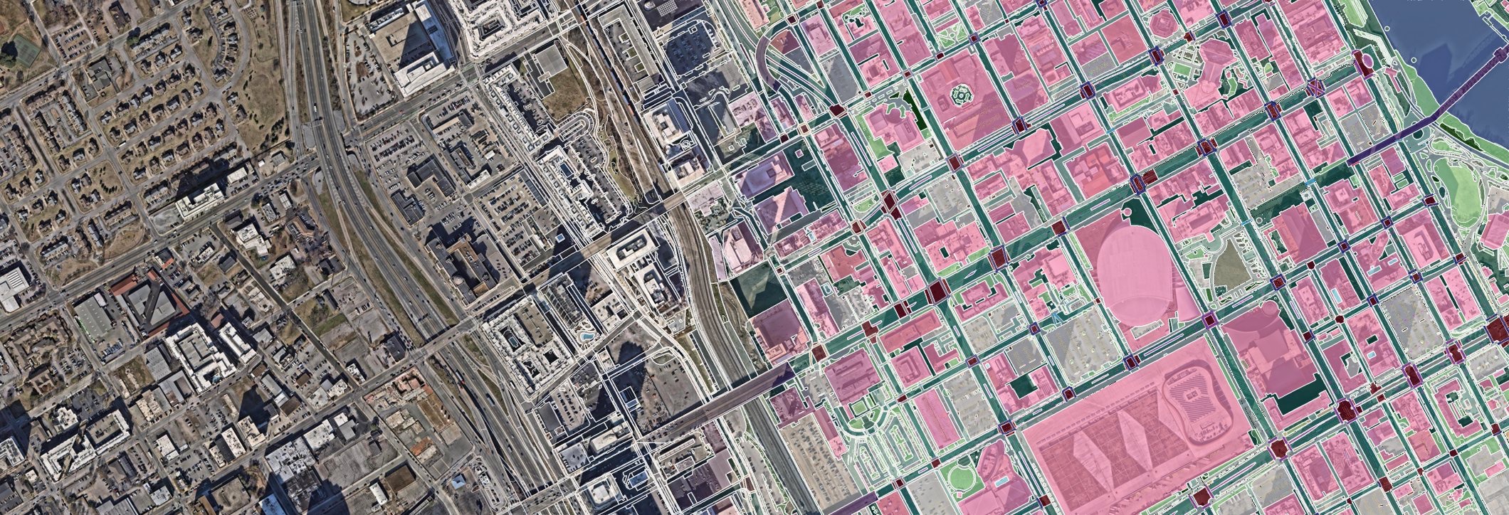 Downtown Nashville and the Gulch shifting from aerial imagery to vector map data