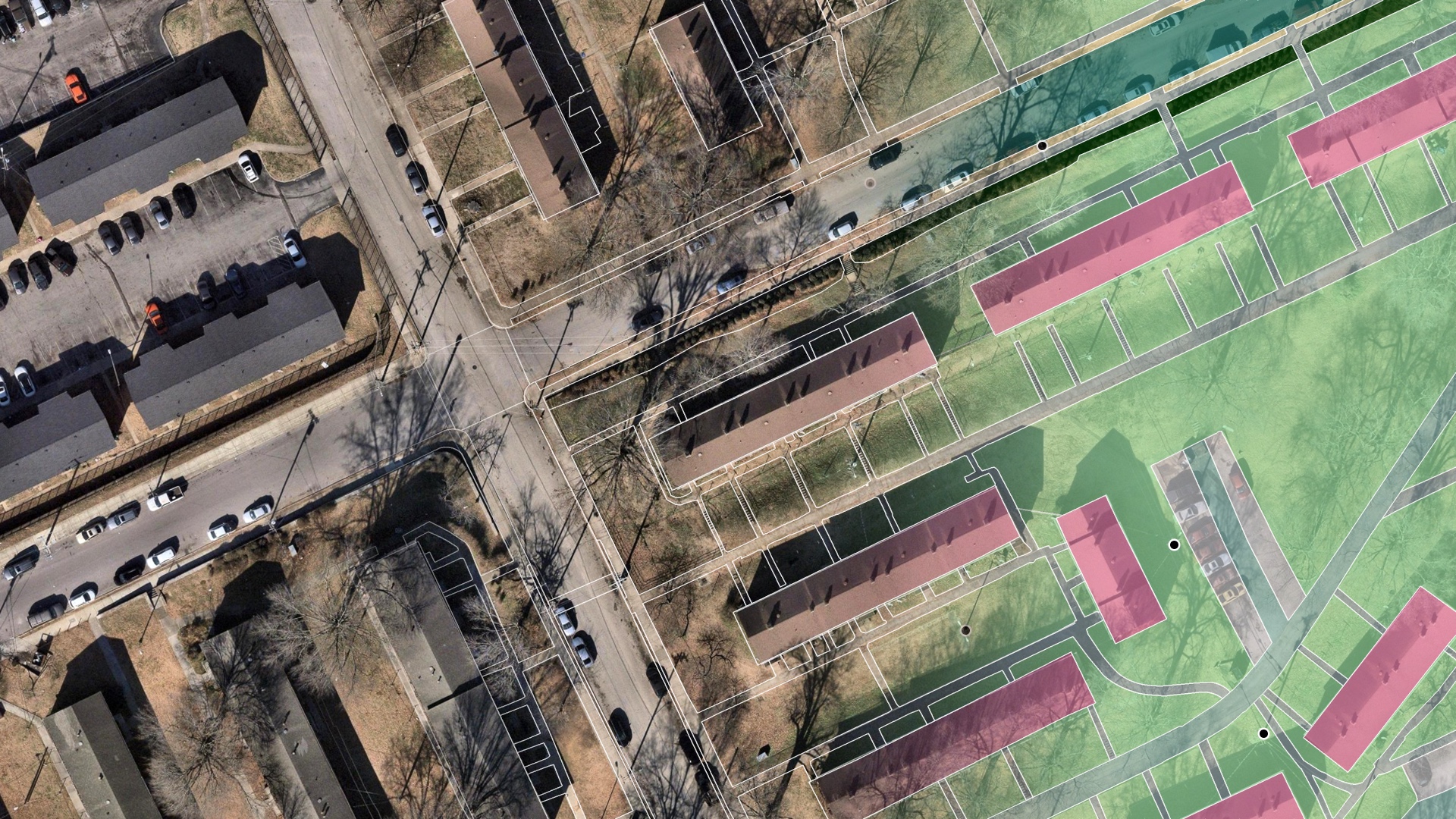 A Nashville neighborhood shifting from aerial imagery to outlined and filled land cover vectors