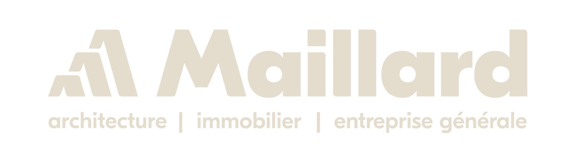 Logo de Maillard avec un symbole composé de trois triangles et le texte « architecture | immobilier | entreprise générale » en beige.