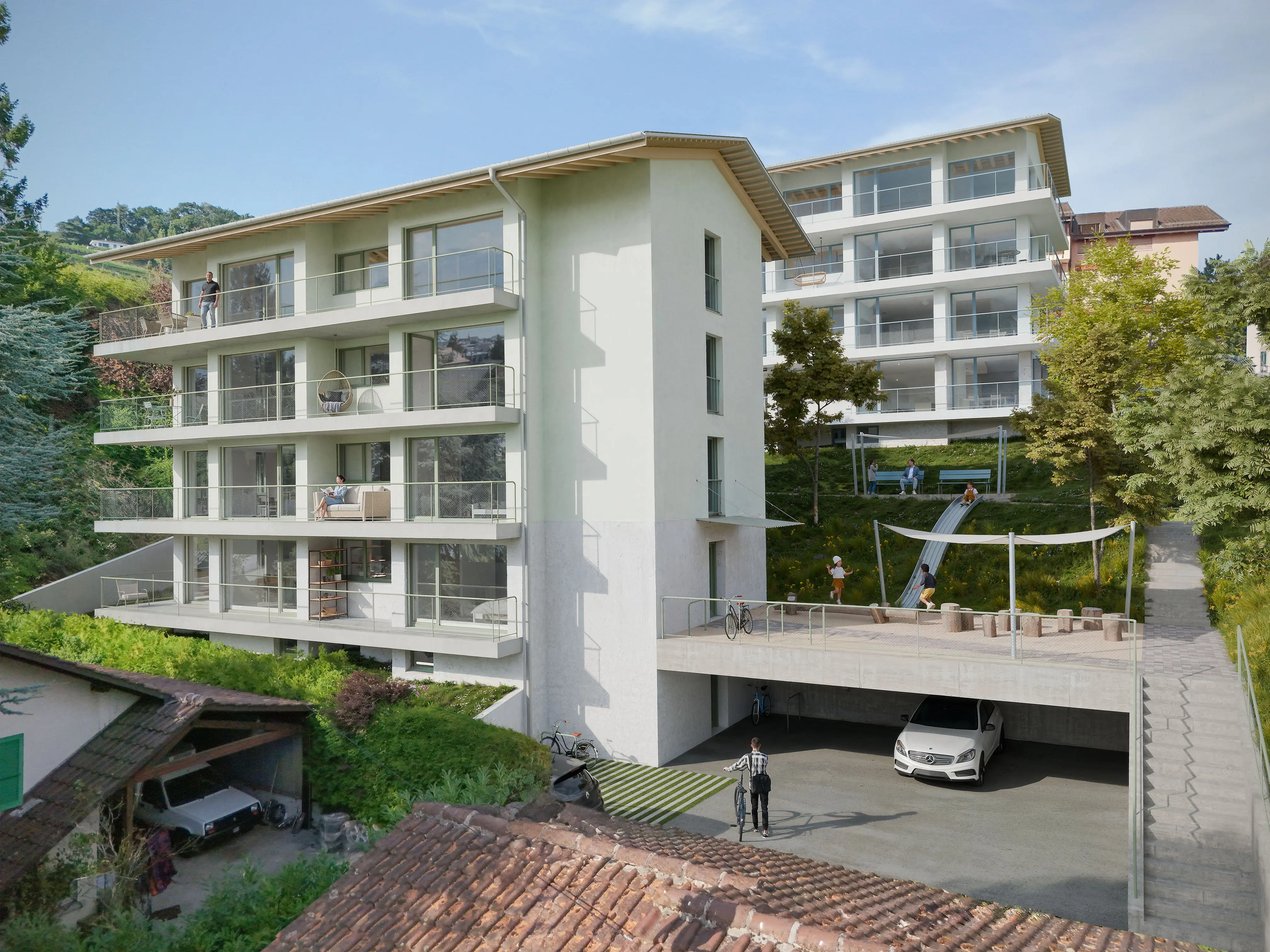 Immeubles résidentiels modernes avec balcons, garage, parc avec toboggan, arbres et personnes.