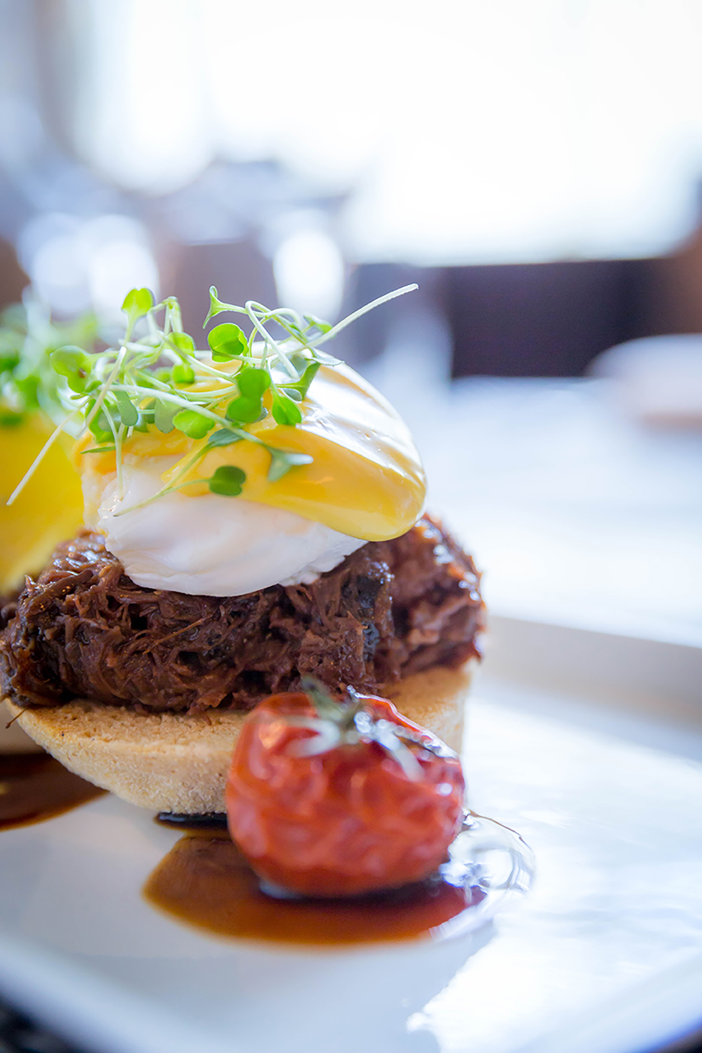 Poached Egg on Shredded Beef with Hollandaise Sauce Appetizer - Food Photography © David Cantwell Photography