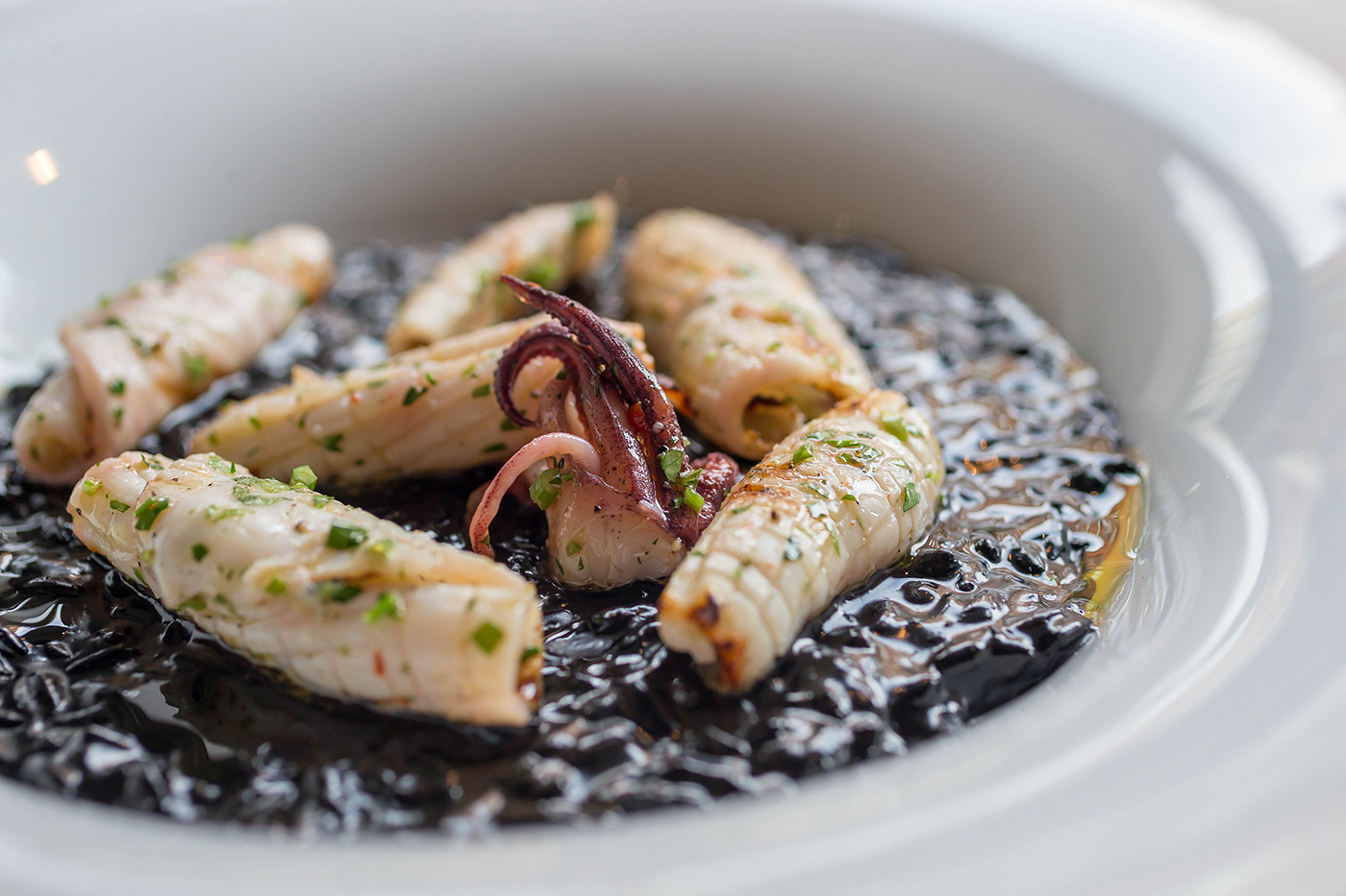 Calamari on a Bed of Squid ink Risotto - Seafood Food Photography © David Cantwell Photography