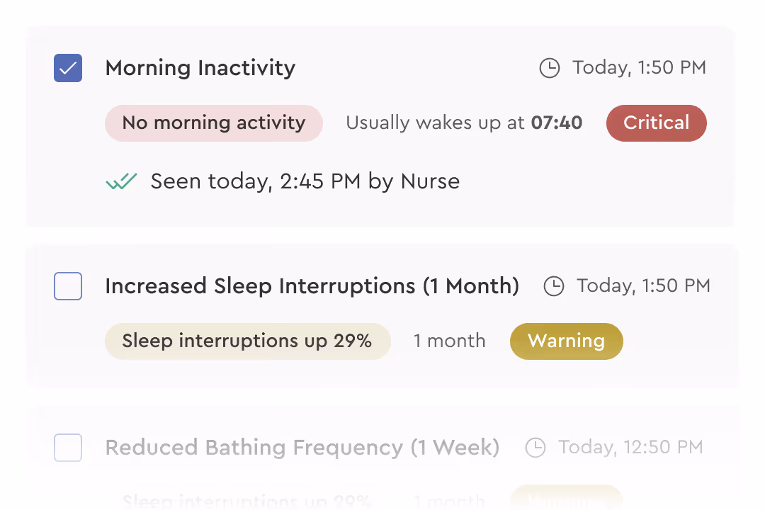 Notification showing critical morning inactivity and a warning for 29% increased sleep interruptions over one month.