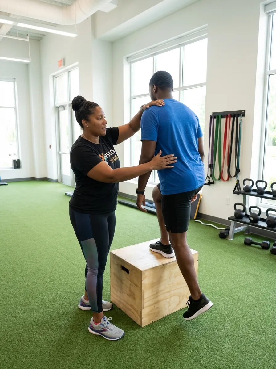 Athlete working with a provider on strength training exercises at a performance physical therapy clinic in Riverdale, MD