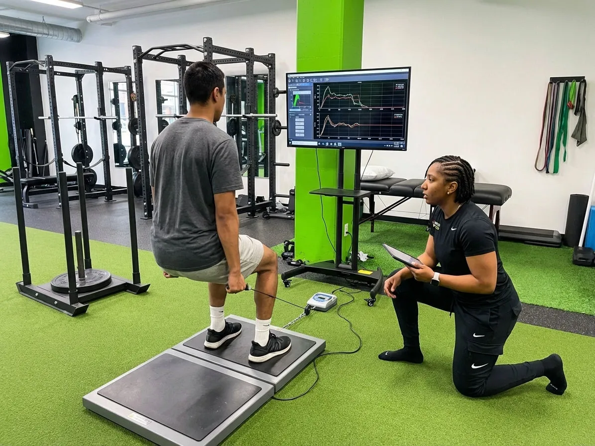 Athlete performing strength assessment at a sports physical therapy clinic in Riverdale, MD