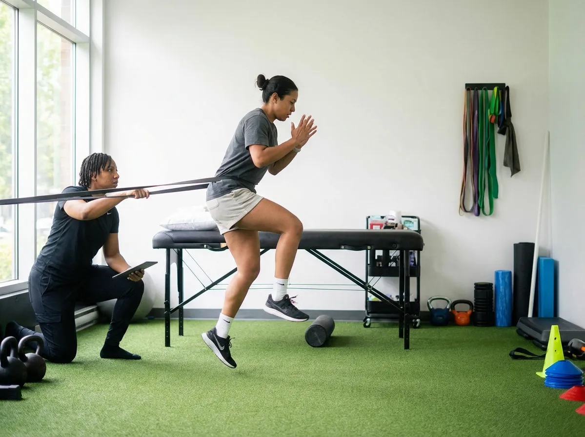 Patient performing movement assessment at a physical therapy clinic in Riverdale