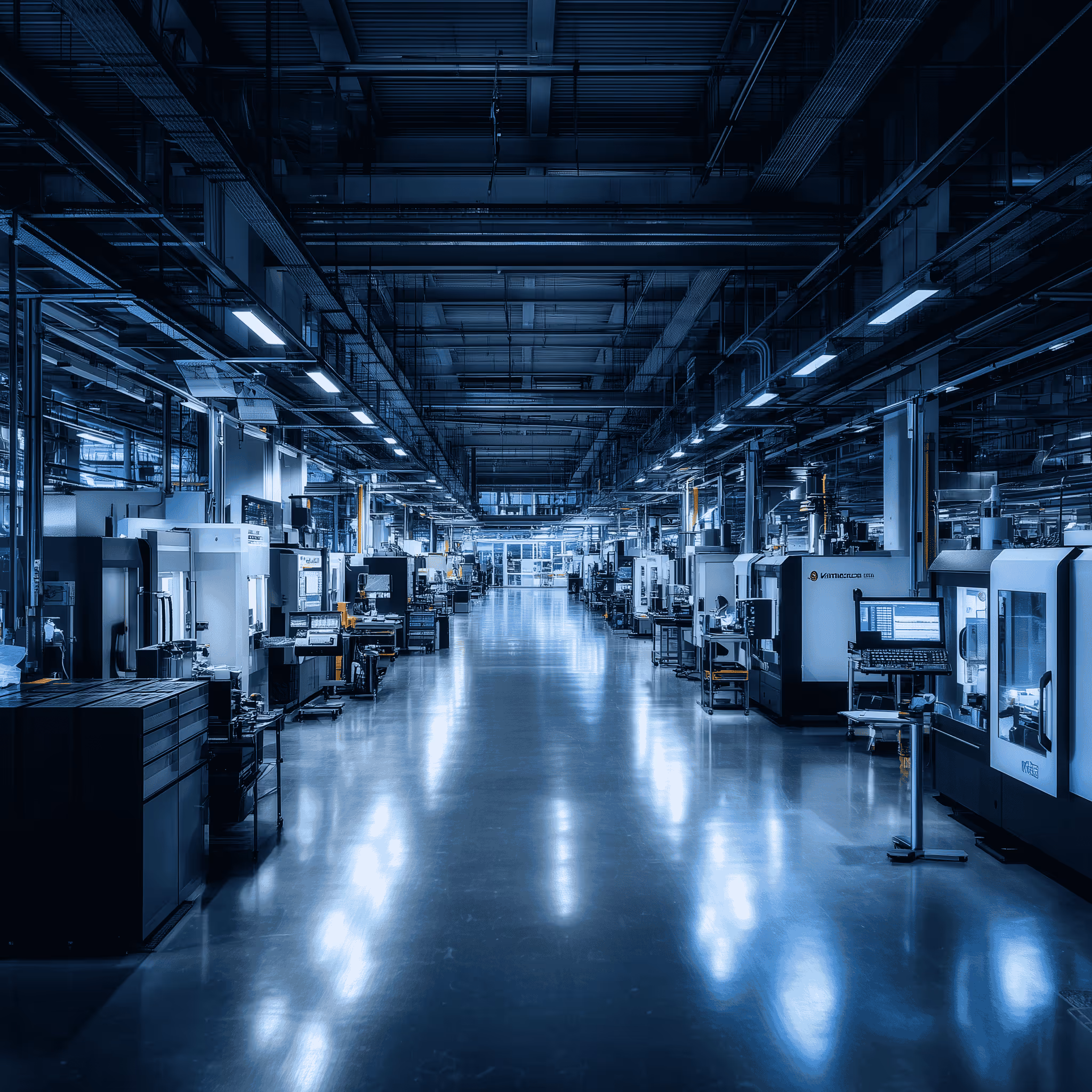 Spacious, well-lit manufacturing factory floor with rows of industrial machinery and equipment.