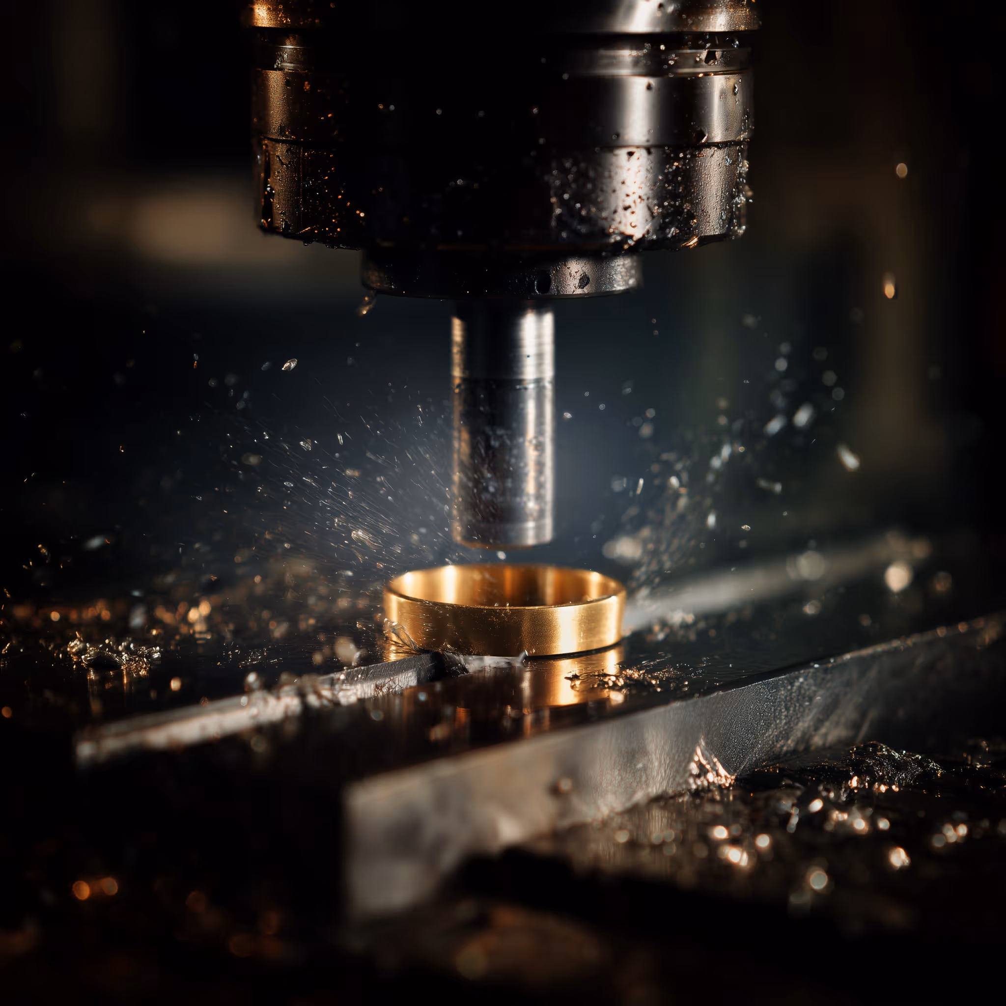 Metal cutting tool shaping a golden ring with sparks flying during precision machining.