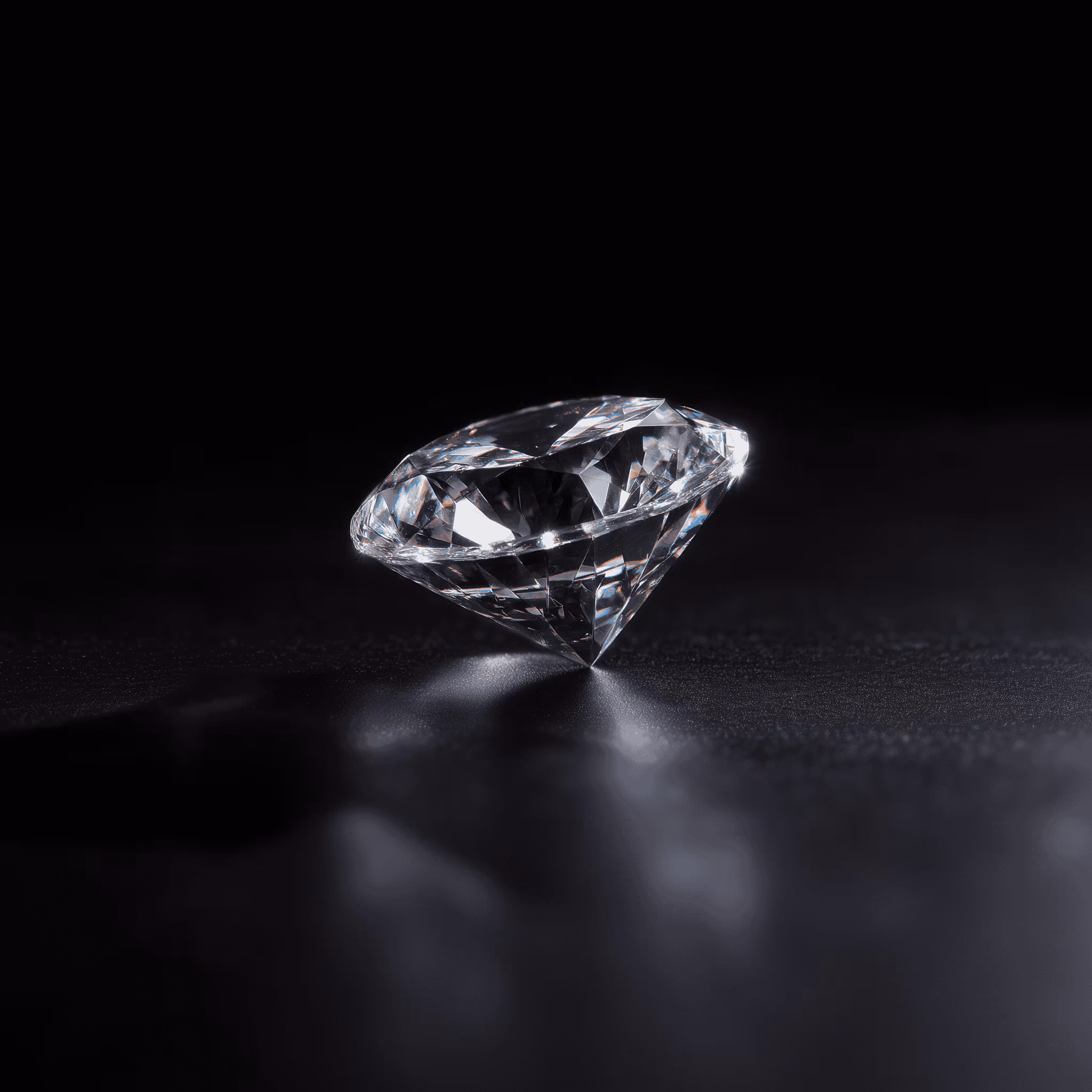 A sparkling cut diamond reflecting light on a dark surface.