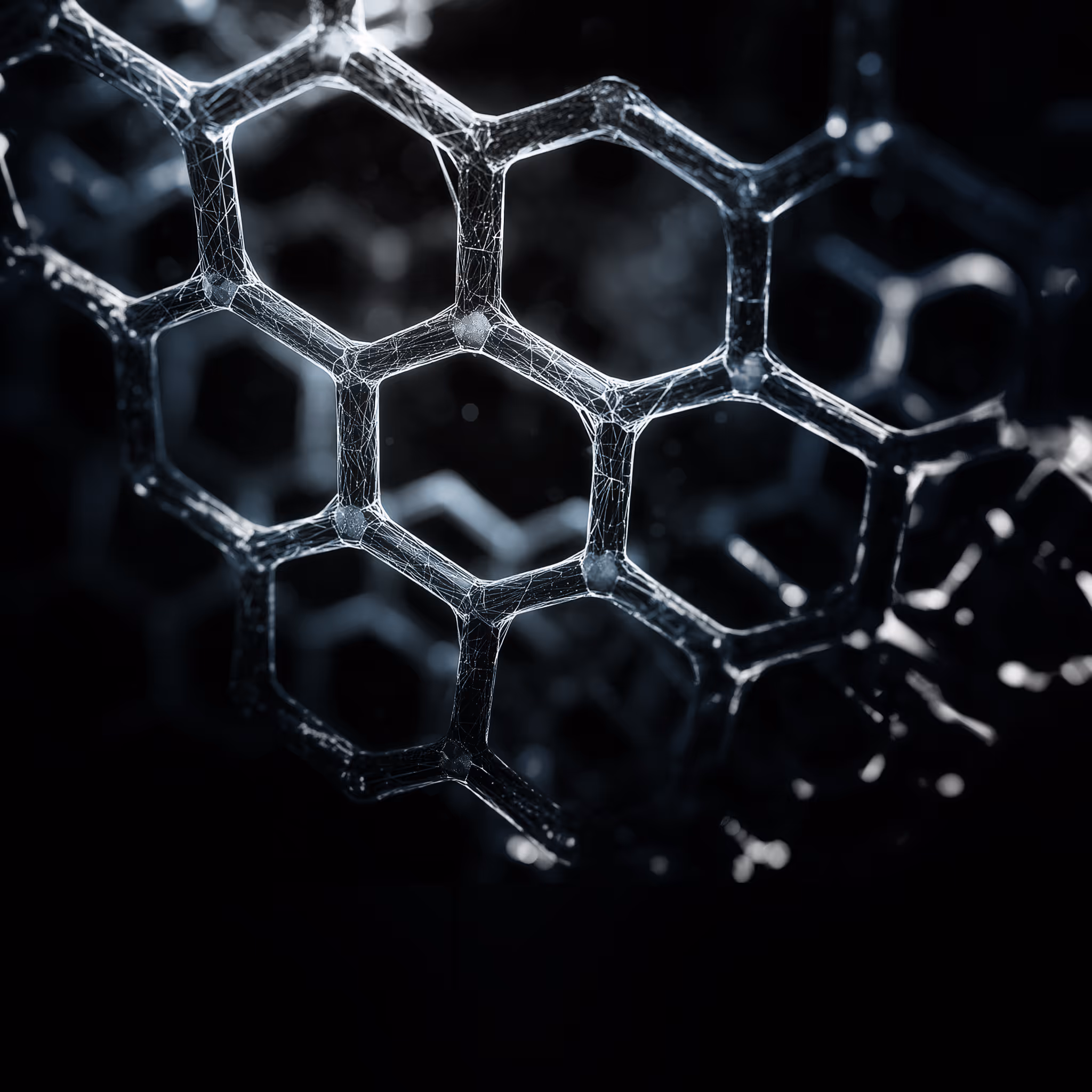 Close-up of a transparent hexagonal molecular or lattice structure with a dark background.