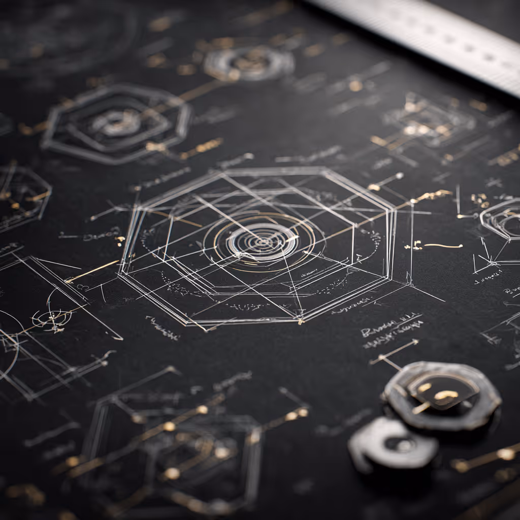 Close-up of technical drawings of hexagonal shapes and geometric patterns on black paper with a ruler.