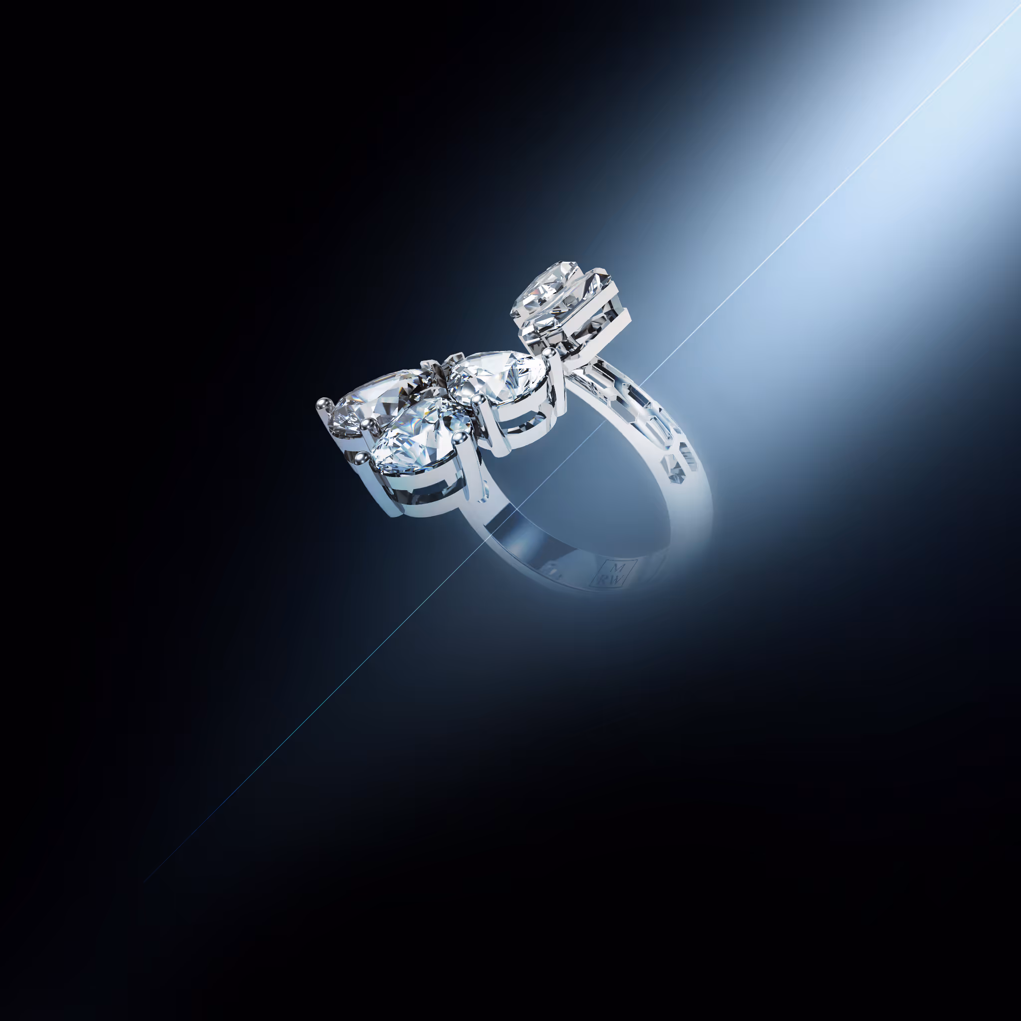 Silver ring with five large sparkling diamonds on a dark to light gradient background.