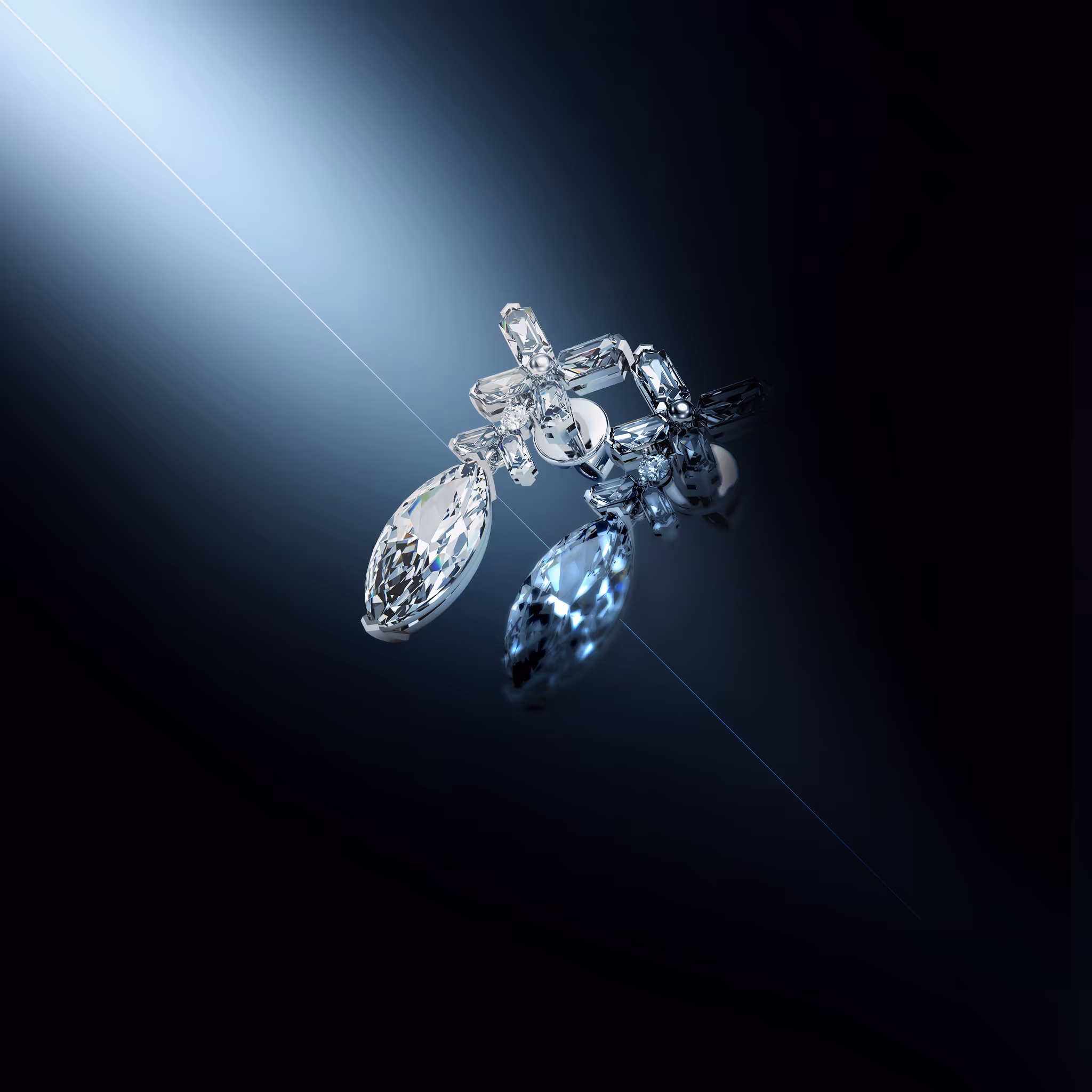 Pair of elegant crystal earrings with marquise-shaped stones and cross details on dark reflective surface.