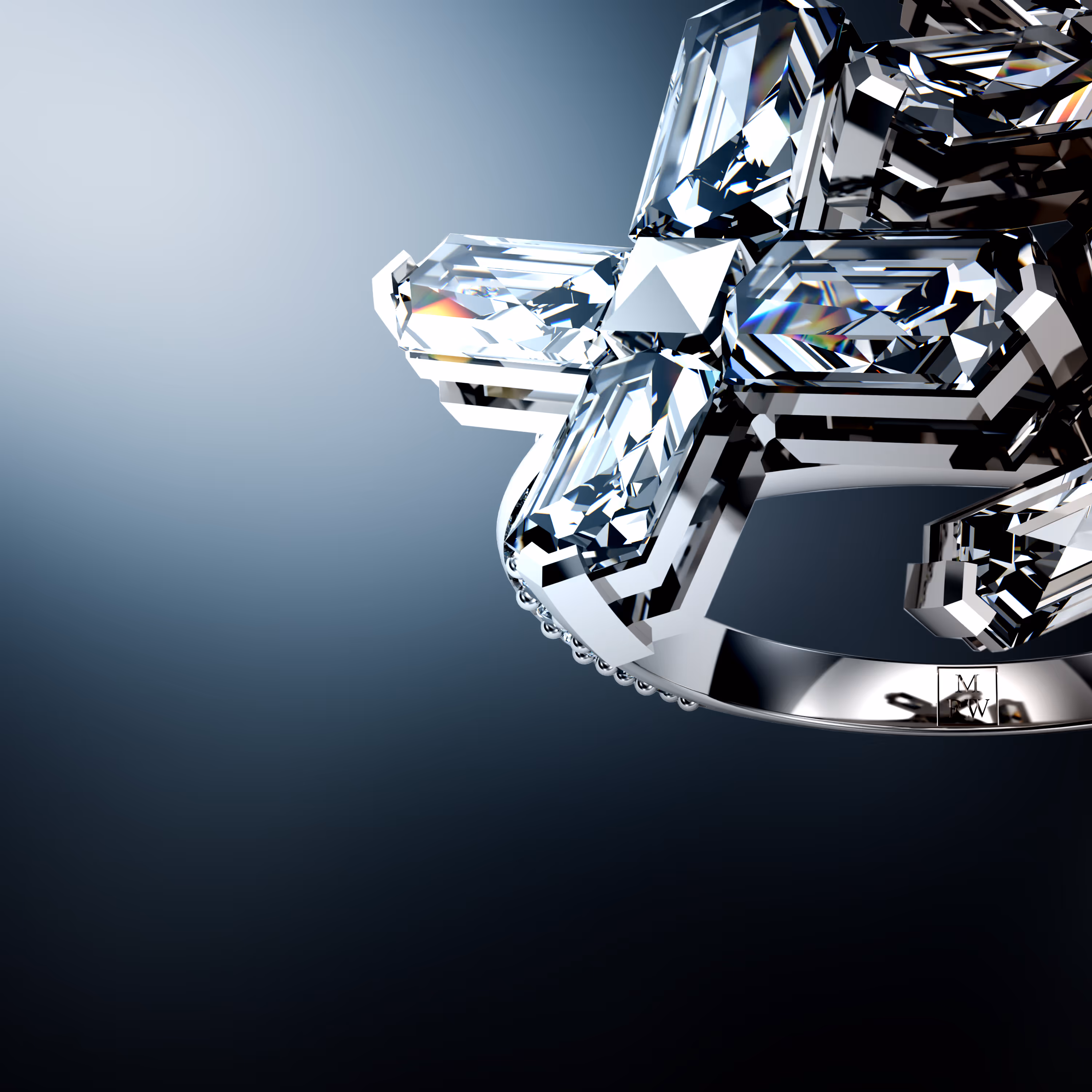 Close-up of a shiny silver ring with large, faceted clear gemstones forming a floral shape.