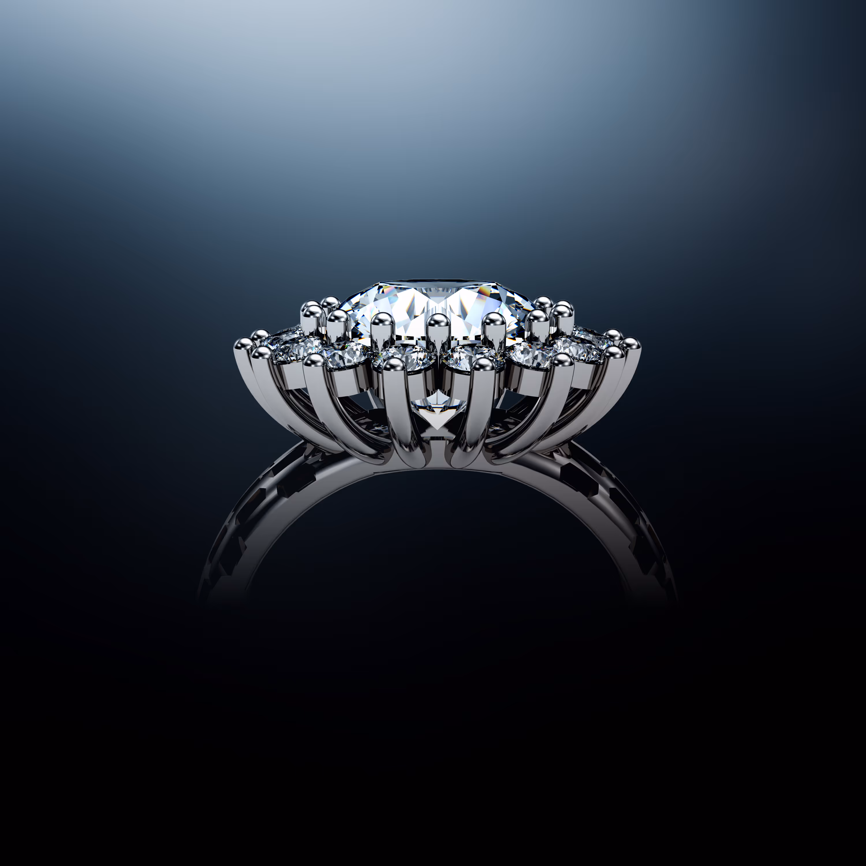 Close-up of a silver ring with a large central diamond surrounded by smaller diamonds on dark background.