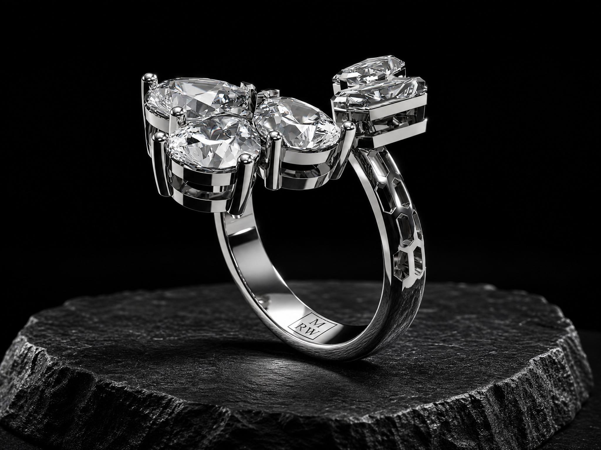 18k white gold open-structure ring featuring hexagonal and pear-cut lab-grown diamonds from the MRW HEX SERIES.