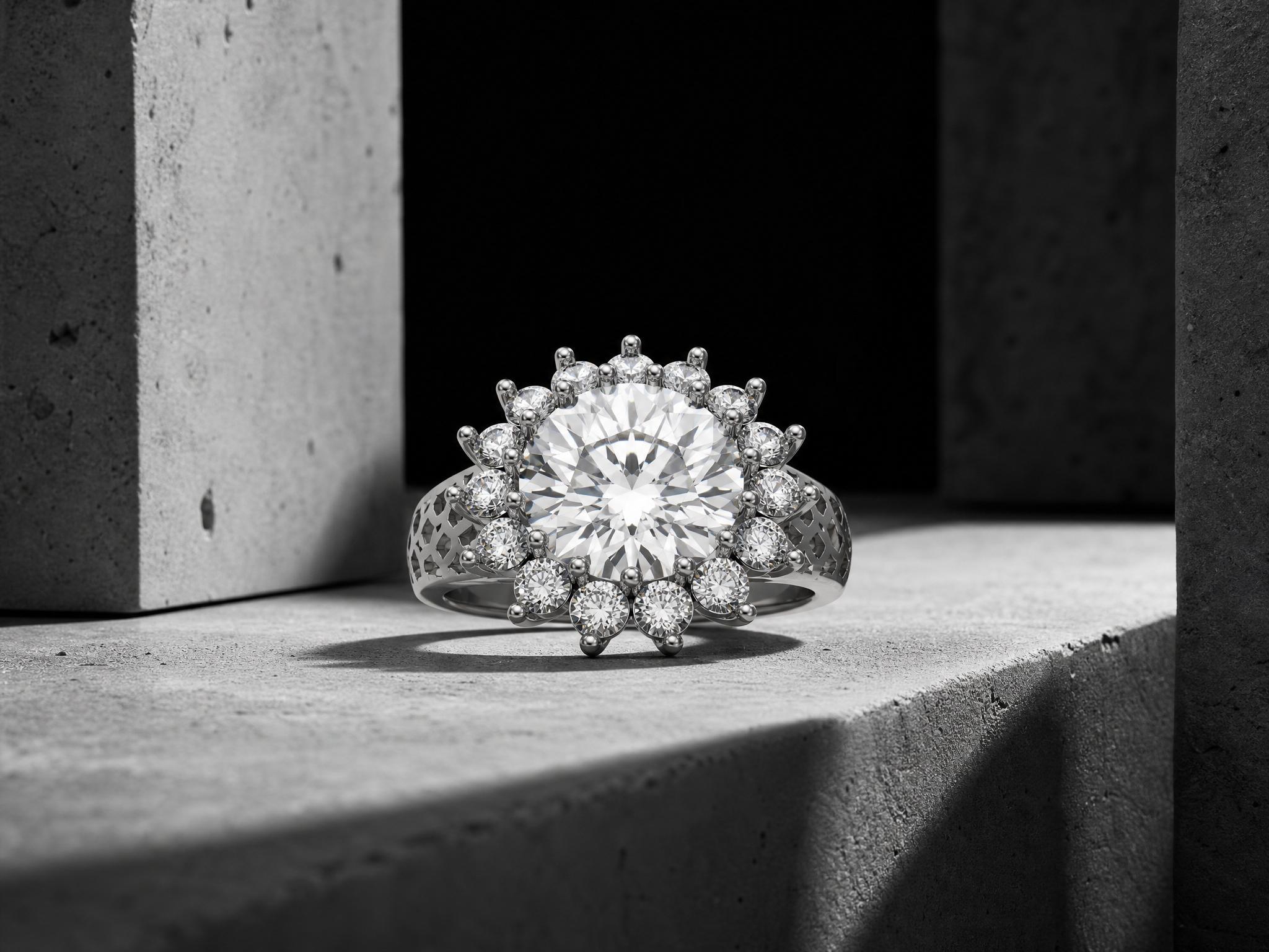 18k white gold ring from the HEX SERIES featuring a central 3.87 carat round cut lab-grown diamond