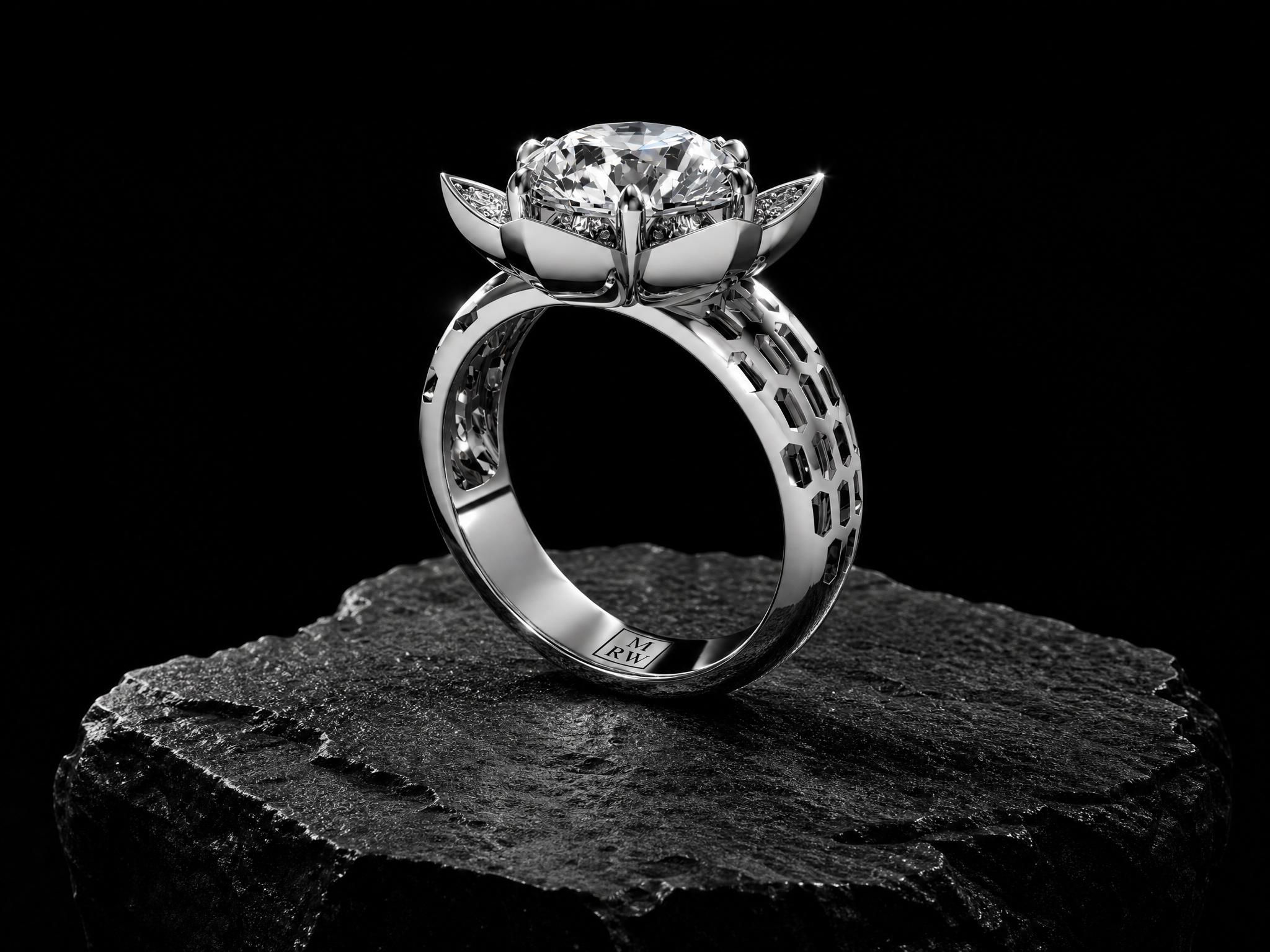 18k Weissgold-Ring der HEX SERIES mit zentralem 3.87 Karat Round Cut Labor-Diamanten