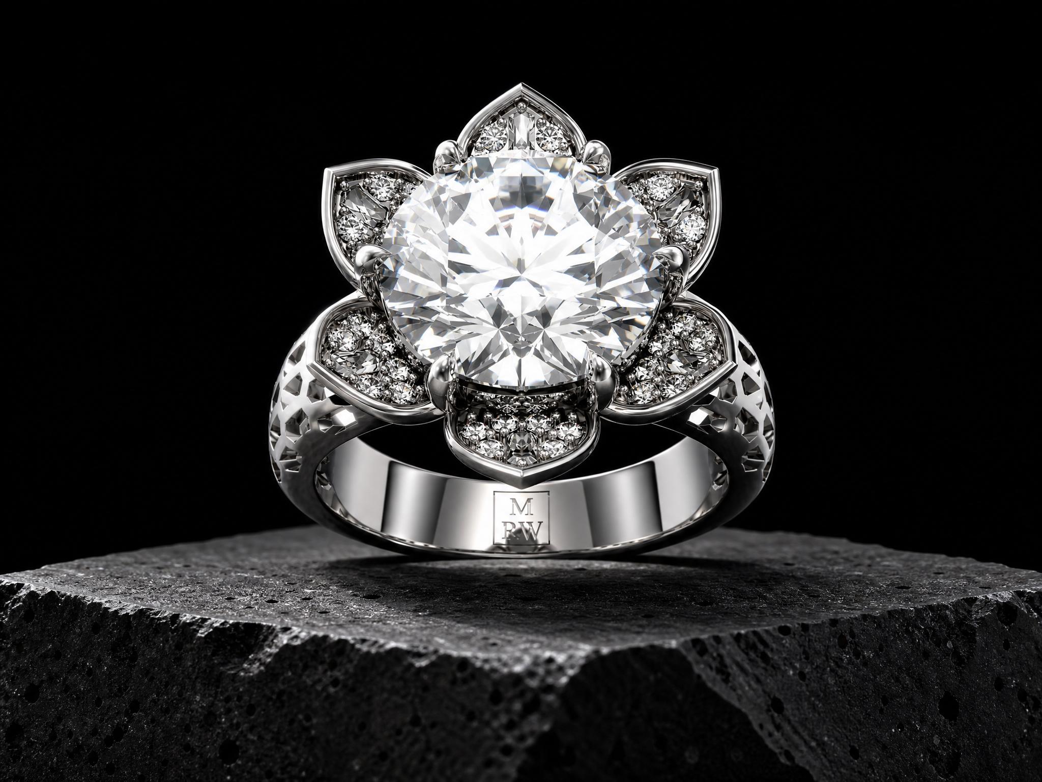 18k Weissgold-Ring der HEX SERIES mit zentralem 3.87 Karat Round Cut Labor-Diamanten