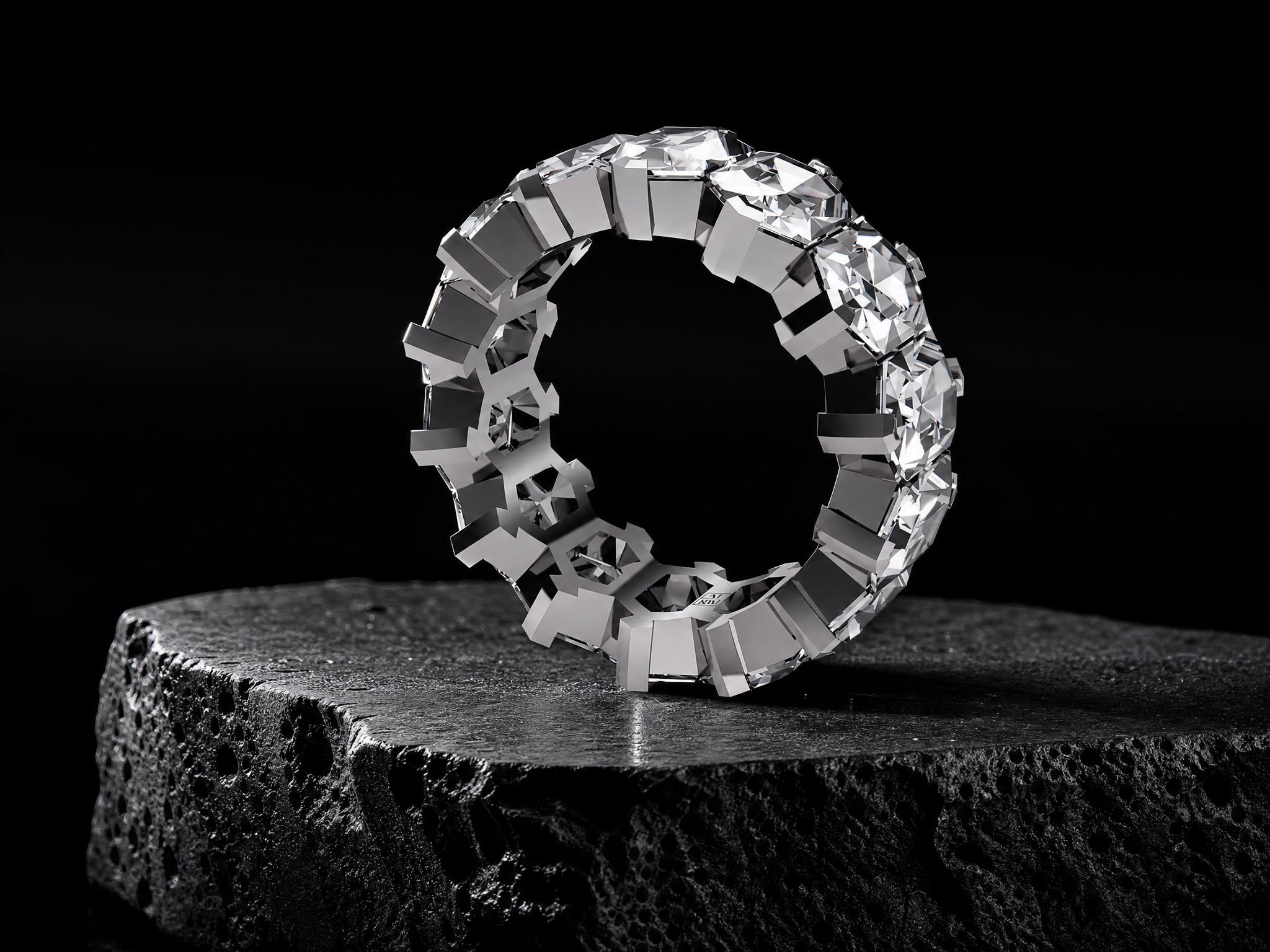 18k white gold eternity ring from the HEX SERIES, fully set with 14 hexagonal lab-grown diamonds (11.9 ct total weight)