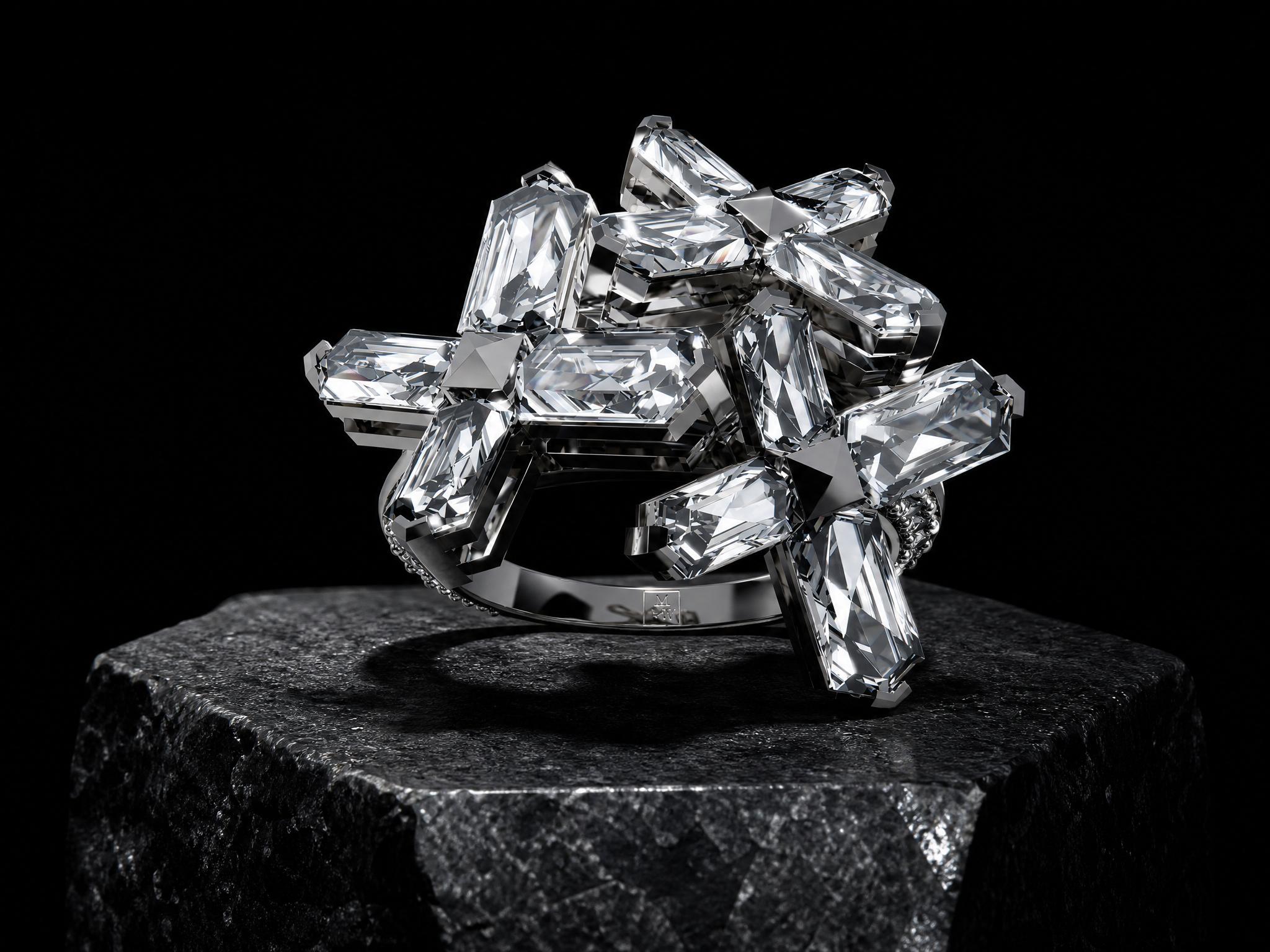 18k white gold ring from the HEX SERIES featuring an algorithmic matrix arrangement of hexagonal and round lab-grown diamonds (3.88 ct total weight)