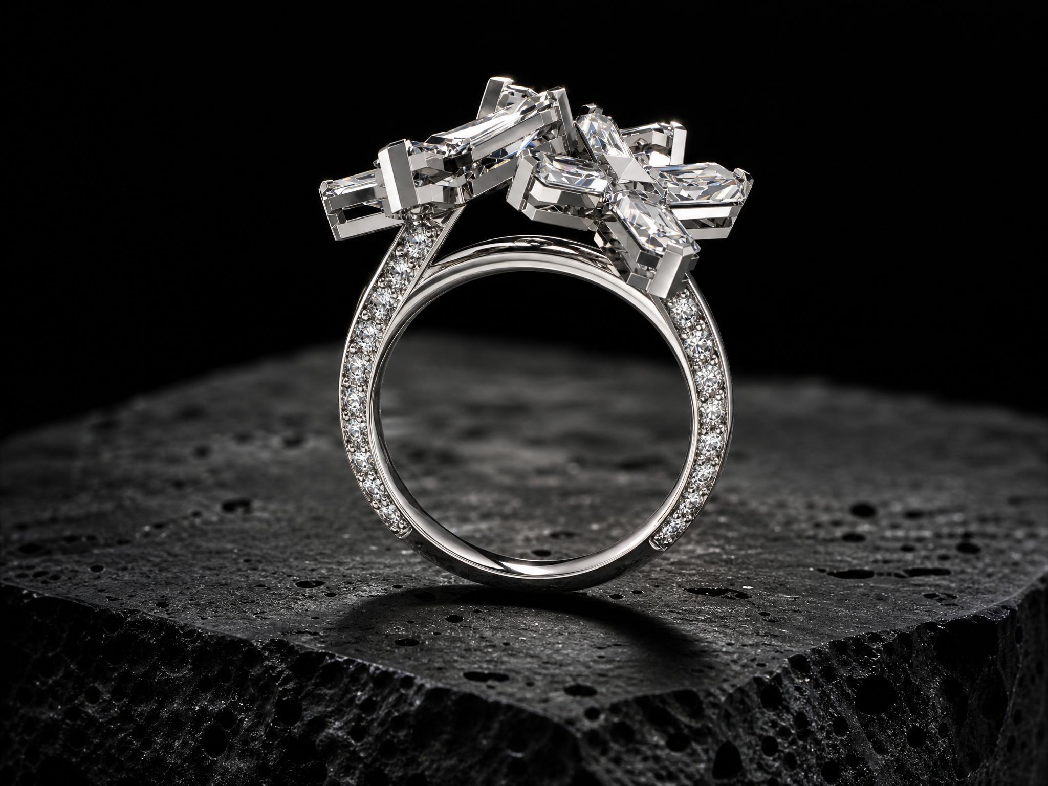 18k white gold ring from the HEX SERIES featuring an algorithmic matrix arrangement of hexagonal and round lab-grown diamonds (3.88 ct total weight)