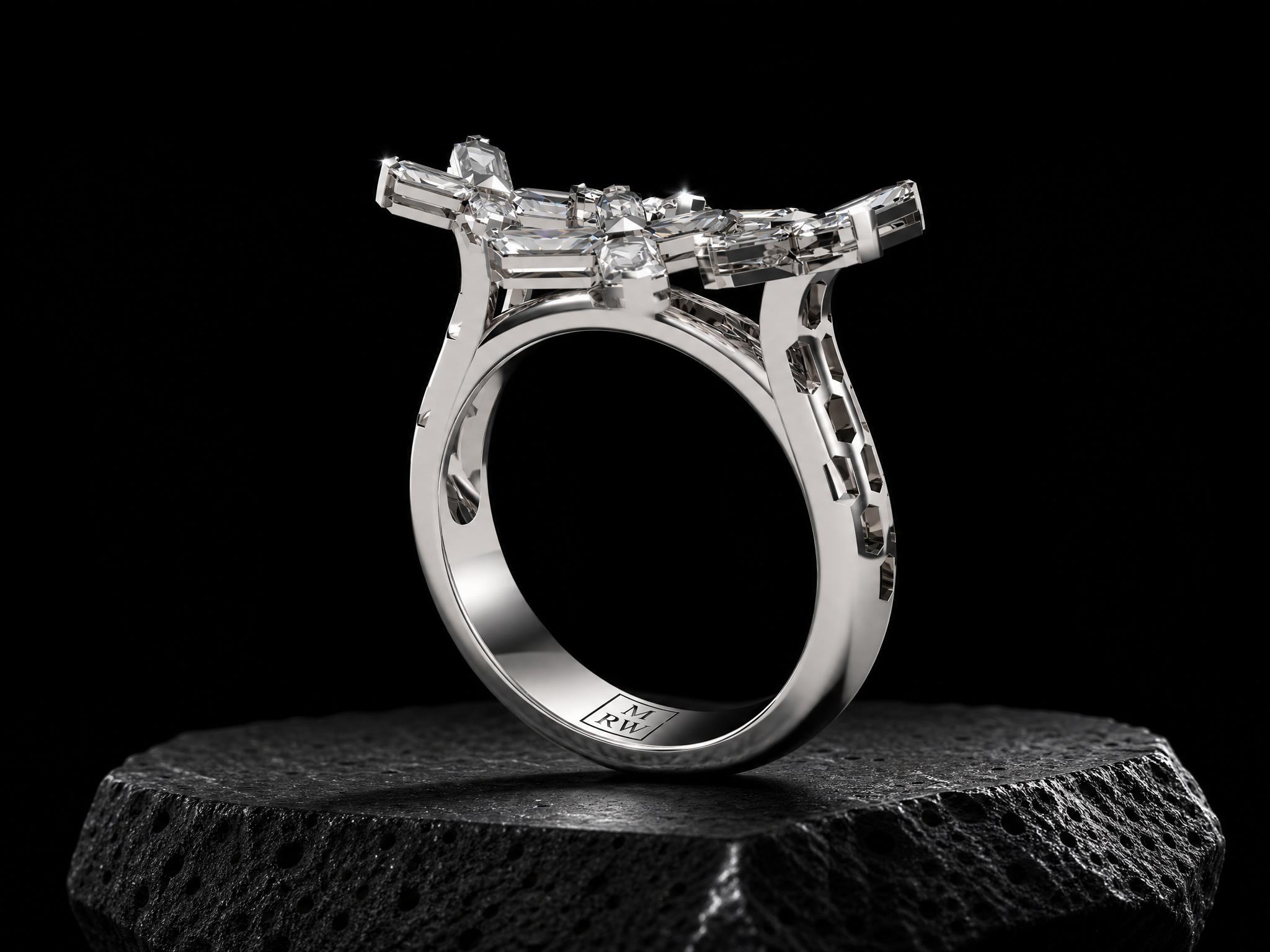 18k white gold ring from the HEX SERIES featuring a geometric matrix arrangement of 16 hexagonal lab-grown diamonds (1.20 ct total weight).