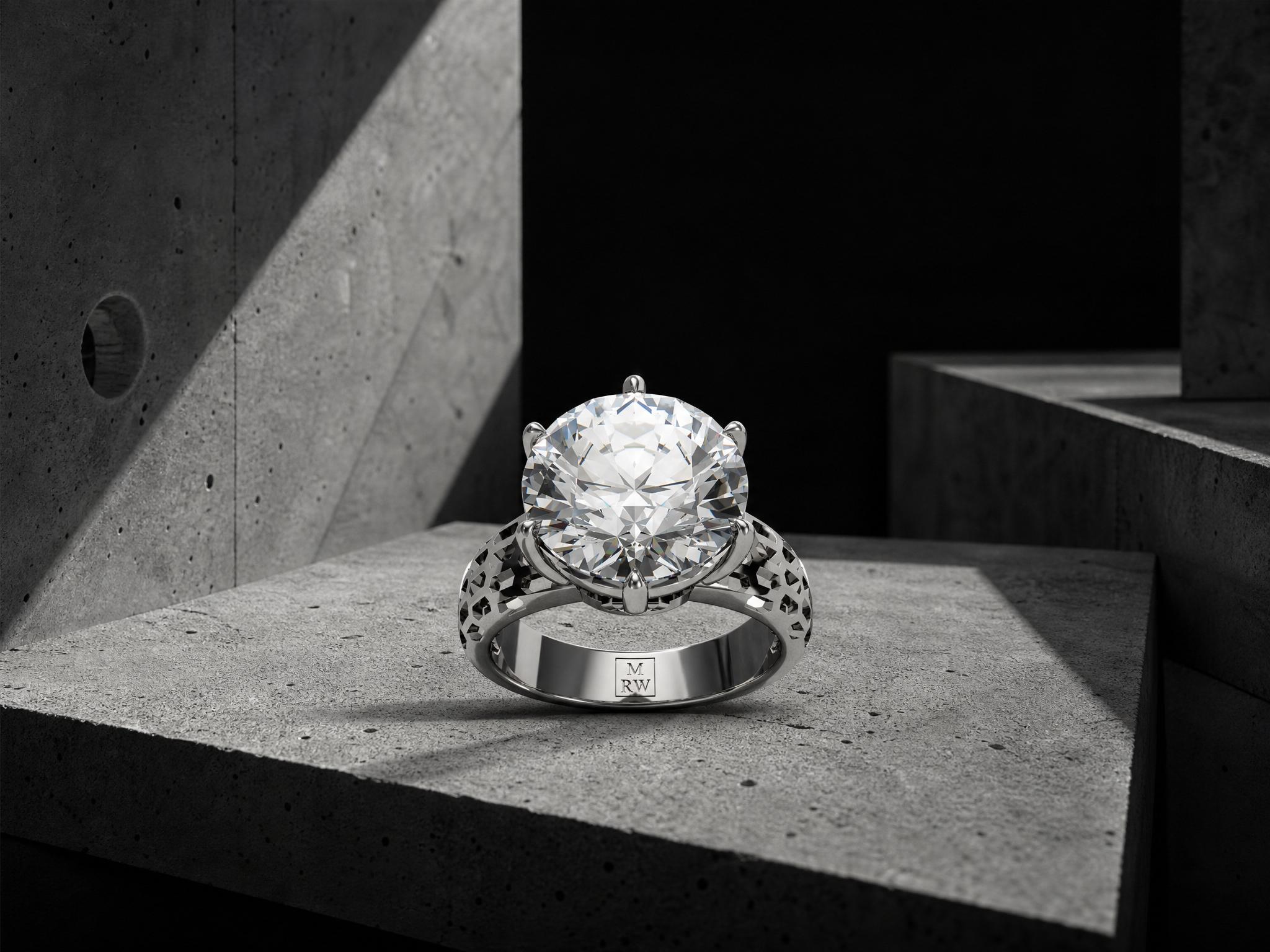 18k white gold solitaire ring featuring a 5.0 ct round cut lab-grown diamond from the MRW HEX SERIES.