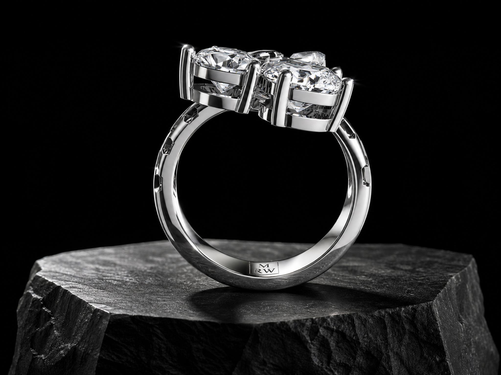 18k white gold open-structure ring featuring hexagonal and pear-cut lab-grown diamonds from the MRW HEX SERIES.