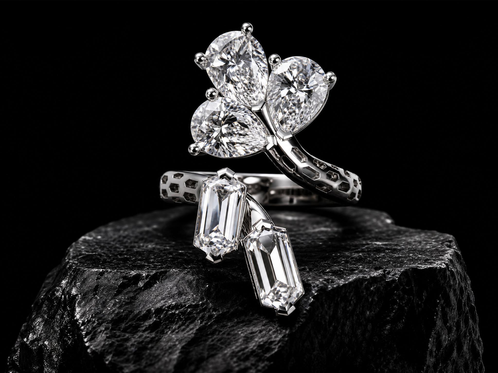 18k white gold open-structure ring featuring hexagonal and pear-cut lab-grown diamonds from the MRW HEX SERIES.