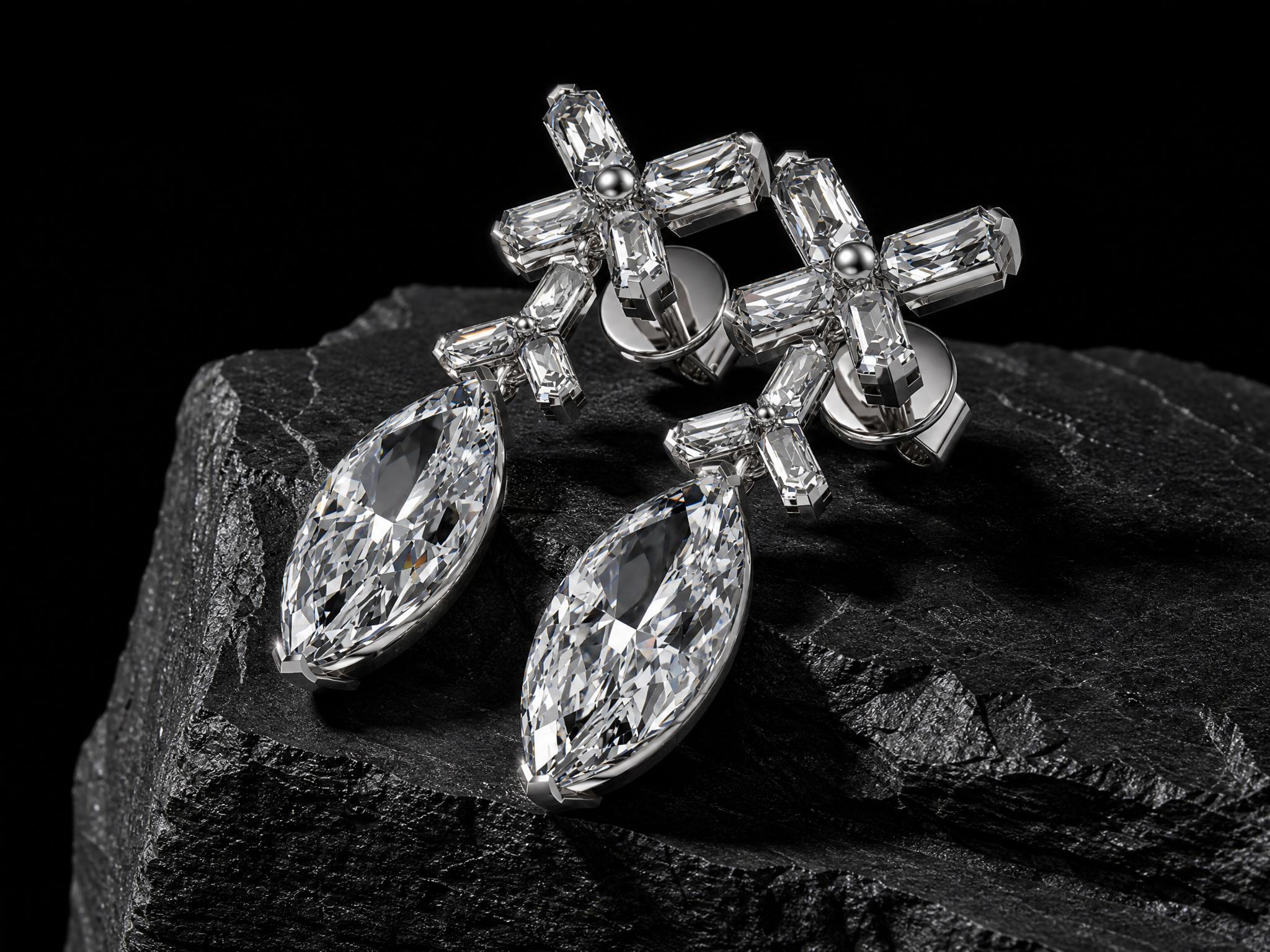 18k white gold earrings featuring a complex mixed-cut matrix including marquise and hexagonal lab-grown diamonds from the MRW HEX SERIES.