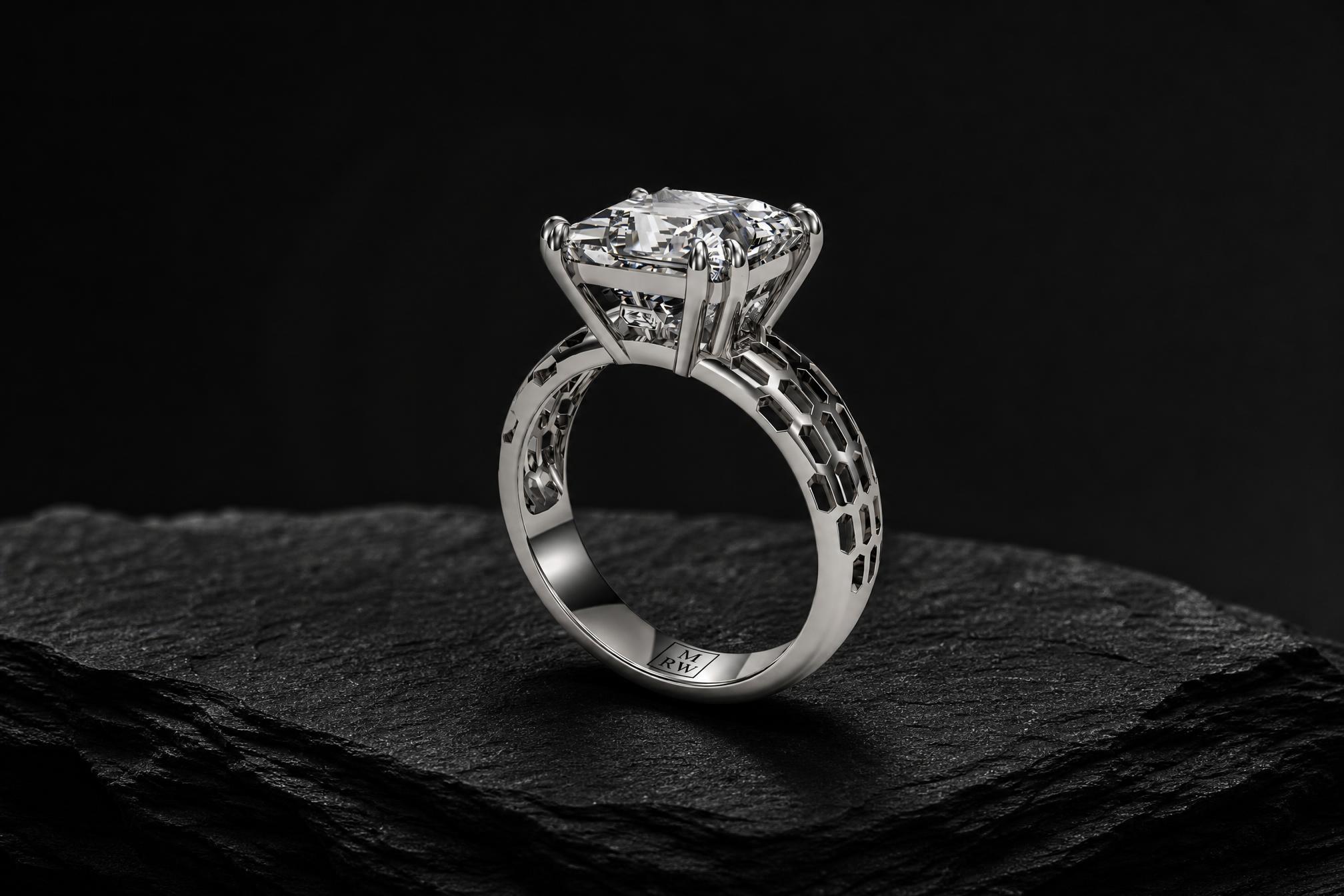 18k white gold solitaire ring featuring a 5.0 ct princess-cut lab-grown diamond from the MRW HEX SERIES.