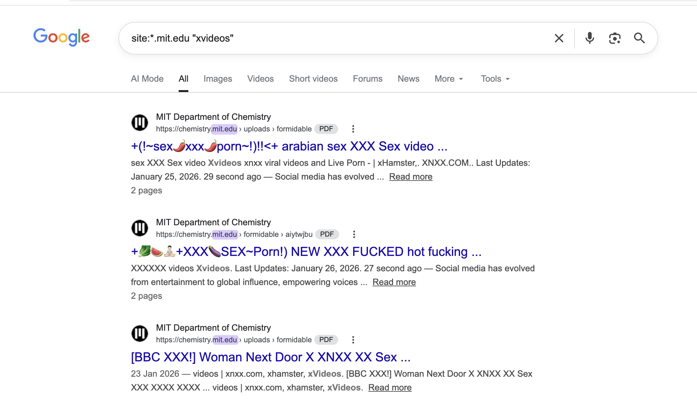 Google search results showing explicit spam content indexed under MIT Department of Chemistry .edu subdomain