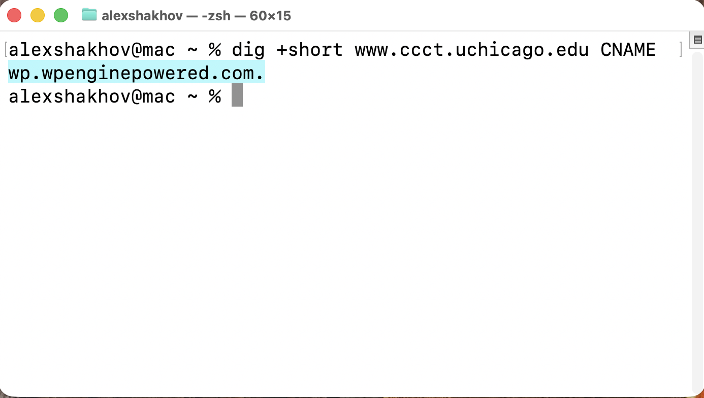 DNS lookup showing UChicago subdomain ccct.uchicago.edu with dangling CNAME pointing to unclaimed WP Engine host