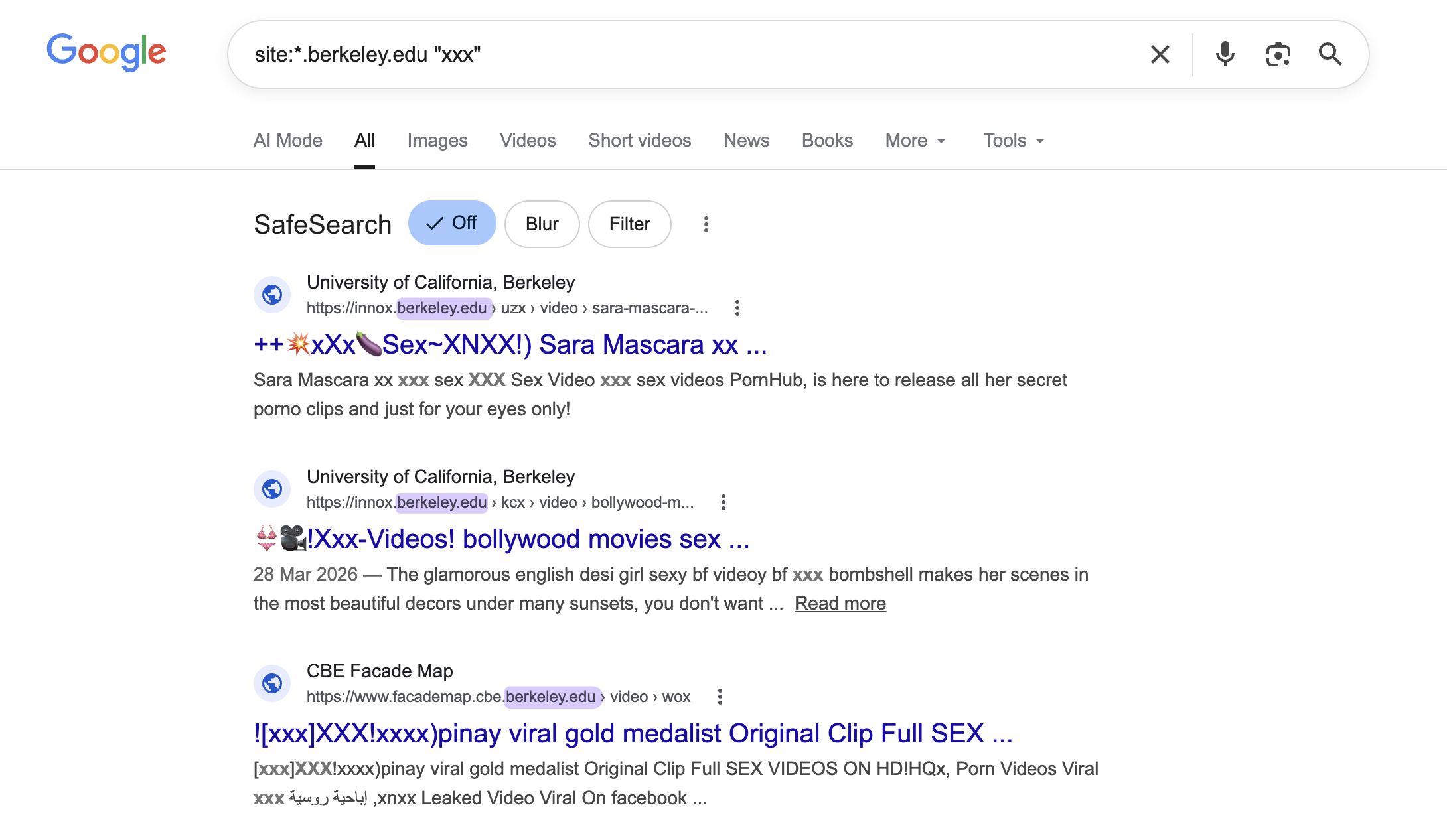 Google search results showing explicit spam content indexed under UC Berkeley .edu subdomain