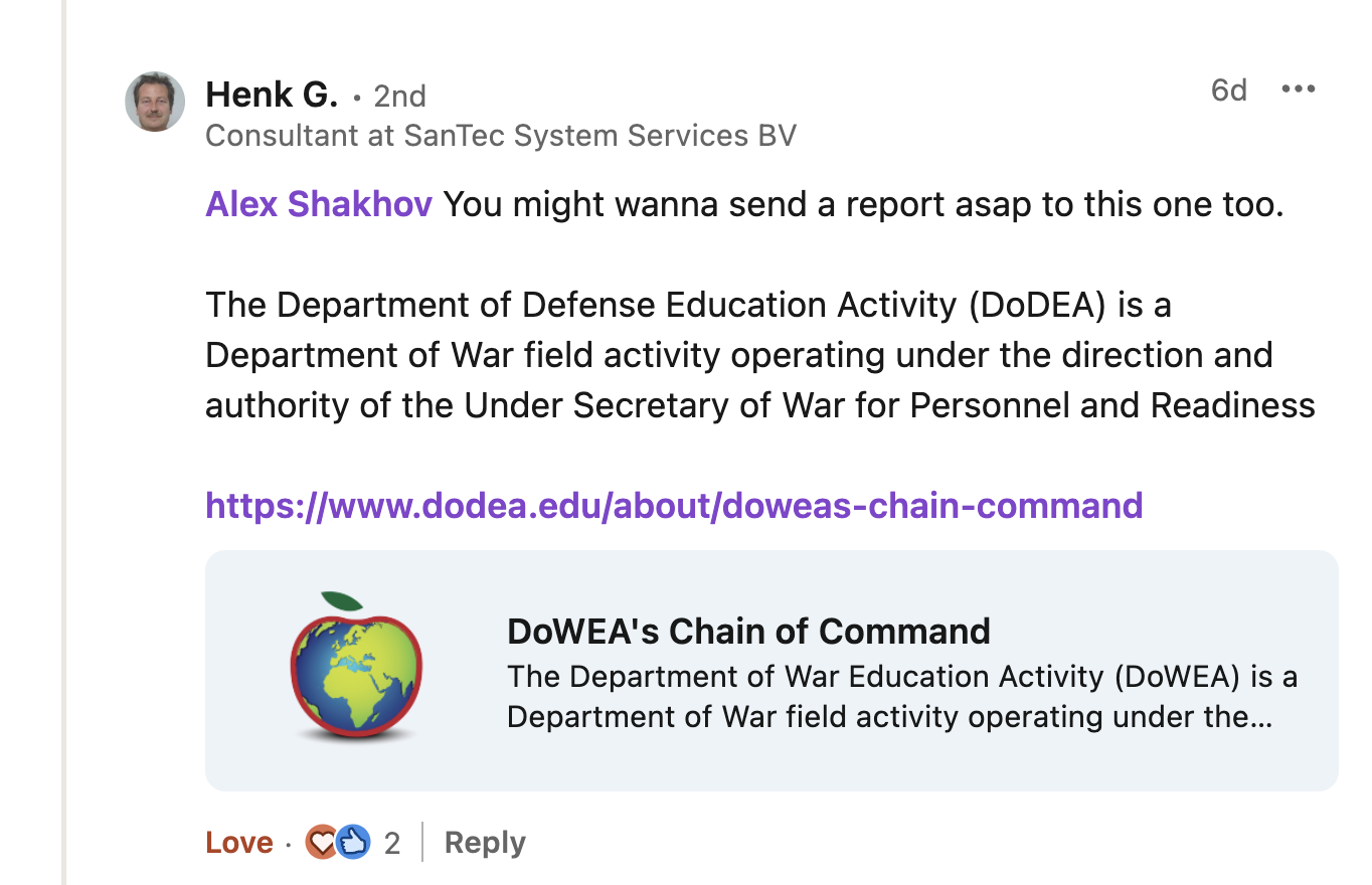 Security consultant flagging DoDEA domain vulnerability in LinkedIn comments