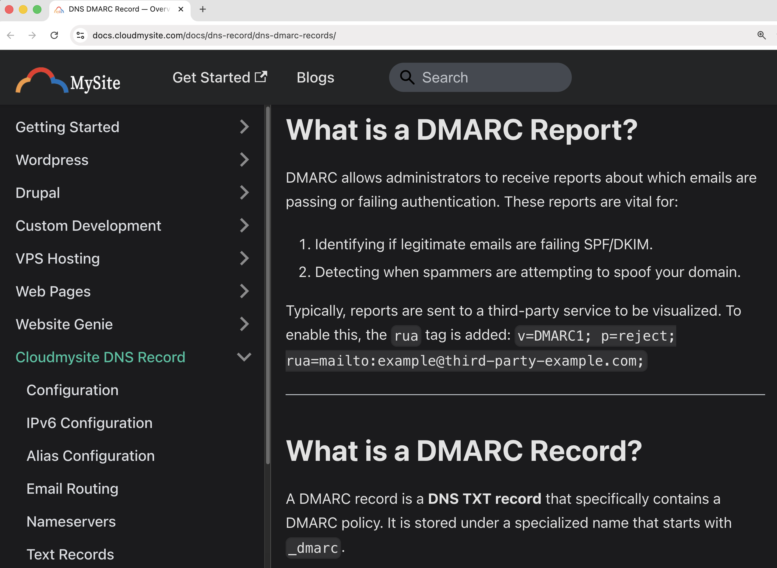 CloudMySite hosting documentation showing the unregistered third-party-example.com domain in a DMARC record example code block.