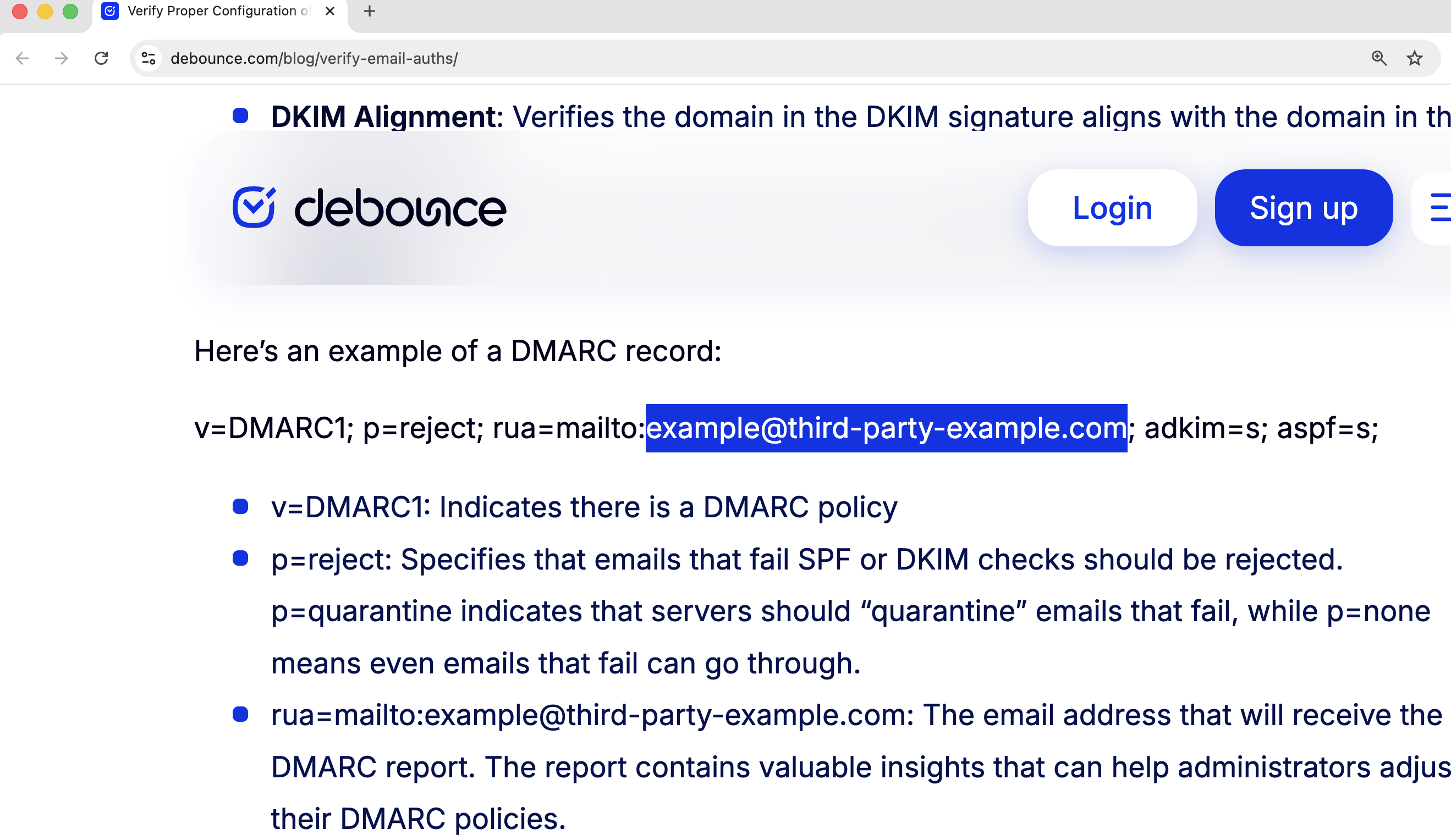 DeBounce blog post on email authentication showing example@third-party-example.com as the rua= address in an example DMARC record.
