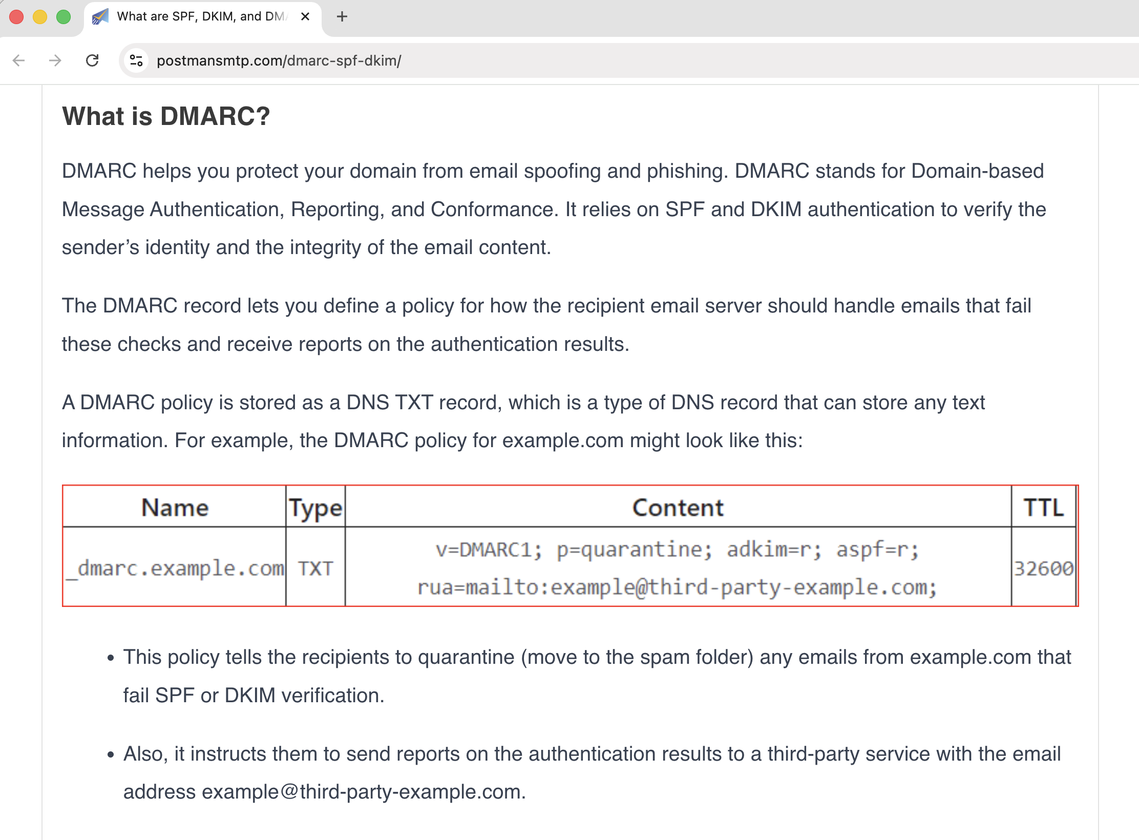 PostmanSMTP tutorial on DMARC, SPF, and DKIM showing the unregistered third-party-example.com domain in an example DMARC record table.