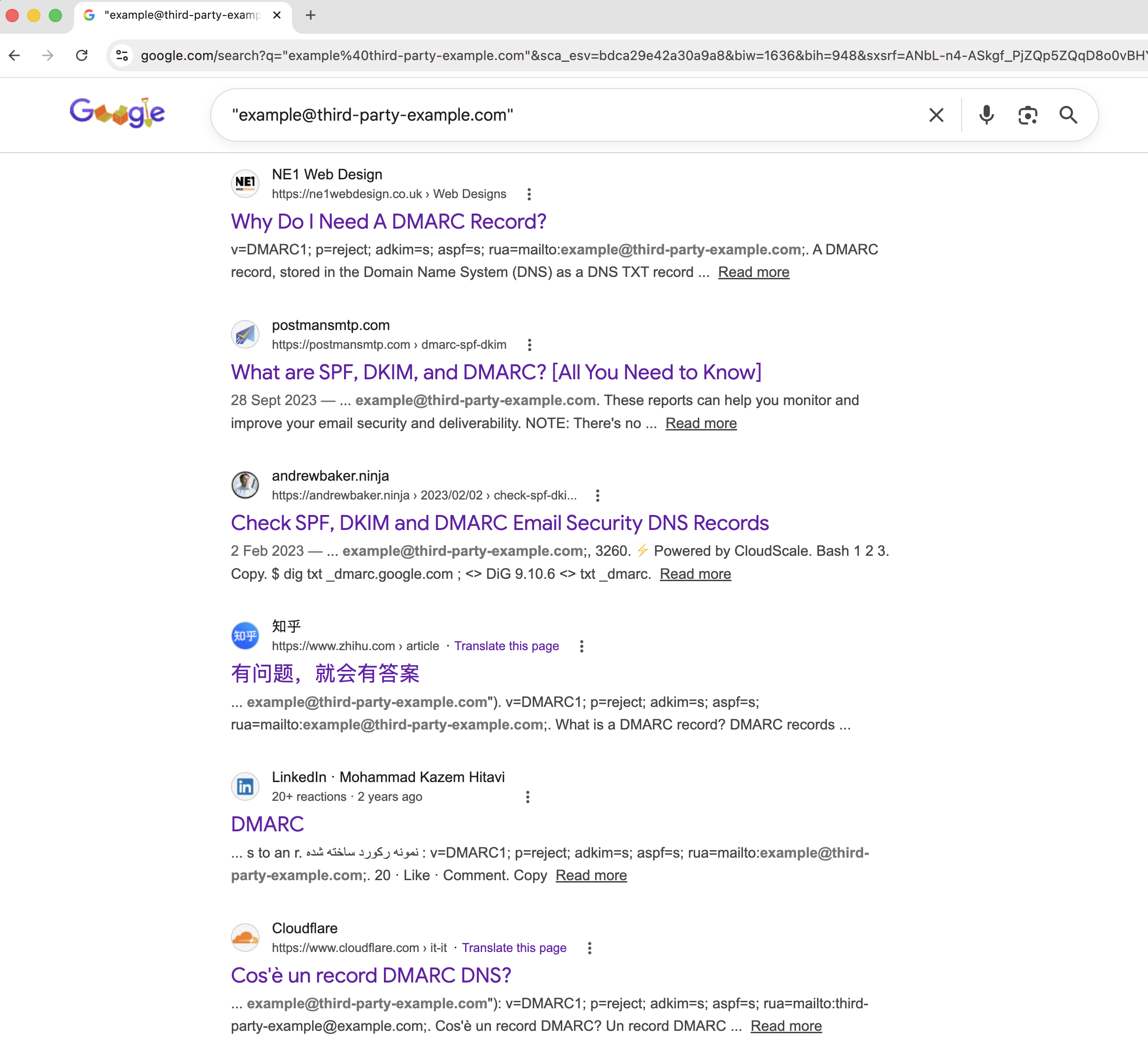 Google search results showing multiple documentation sites referencing the unregistered third-party-example.com domain in DMARC record examples