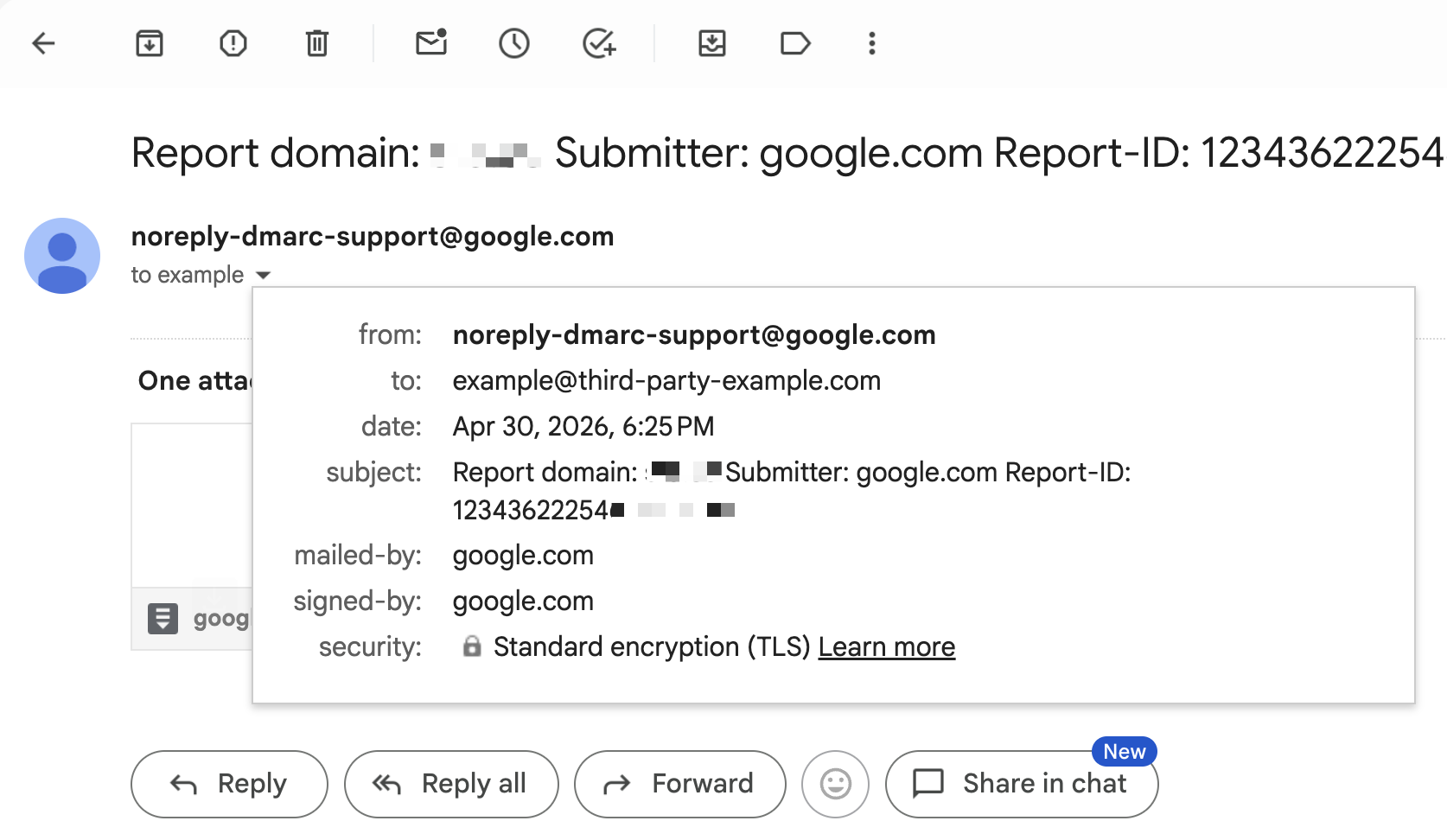 Gmail showing a DMARC aggregate report from Google delivered to example@third-party-example.com, the domain referenced in Cloudflare's documentation