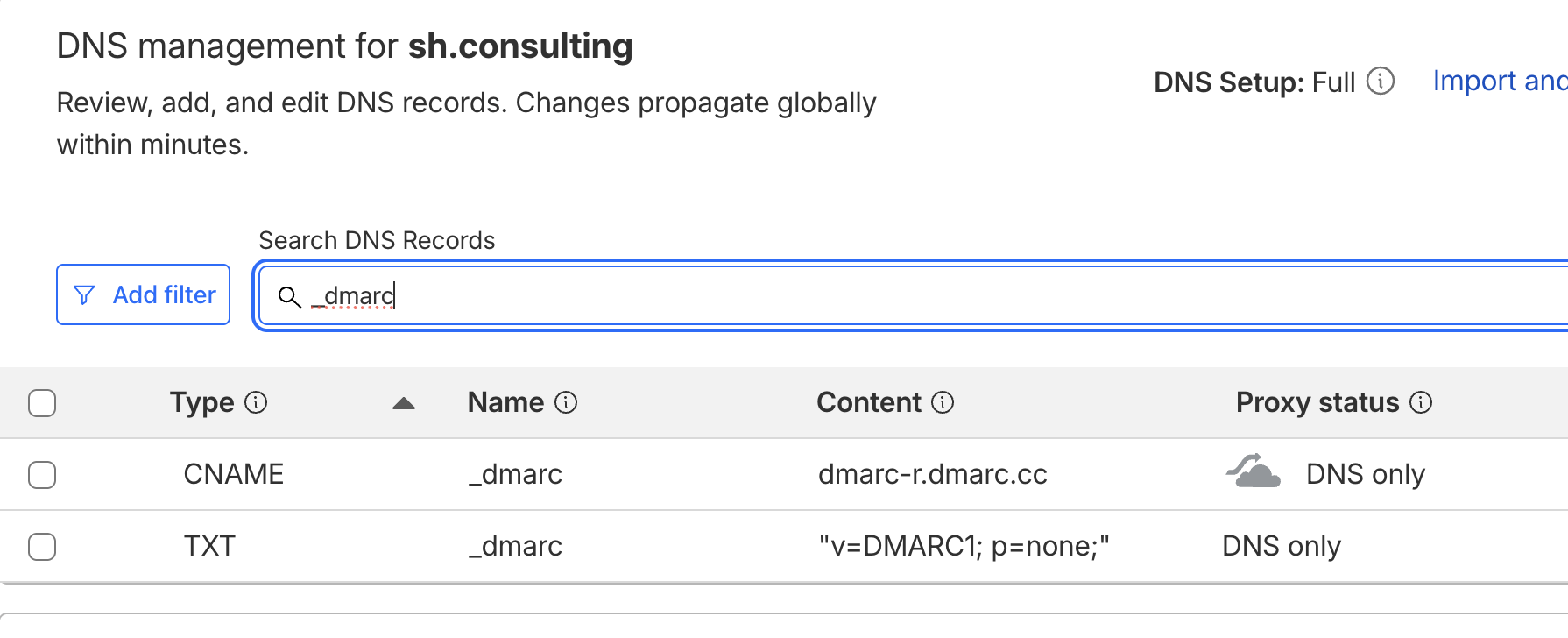 Cloudflare DNS management dashboard showing a CNAME record and a TXT record both at _dmarc, with the TXT containing v=DMARC1; p=none and the CNAME pointing to dmarc-r.dmarc.cc