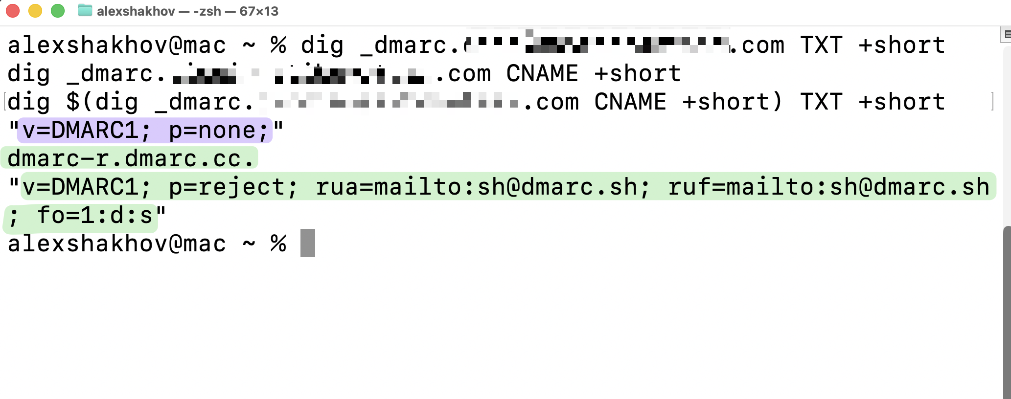 Terminal output of dig commands querying _dmarc TXT and CNAME records, returning both v=DMARC1 p=none and v=DMARC1 p=reject with rua and ruf reporting addresses, plus the CNAME target dmarc-r.dmarc.cc