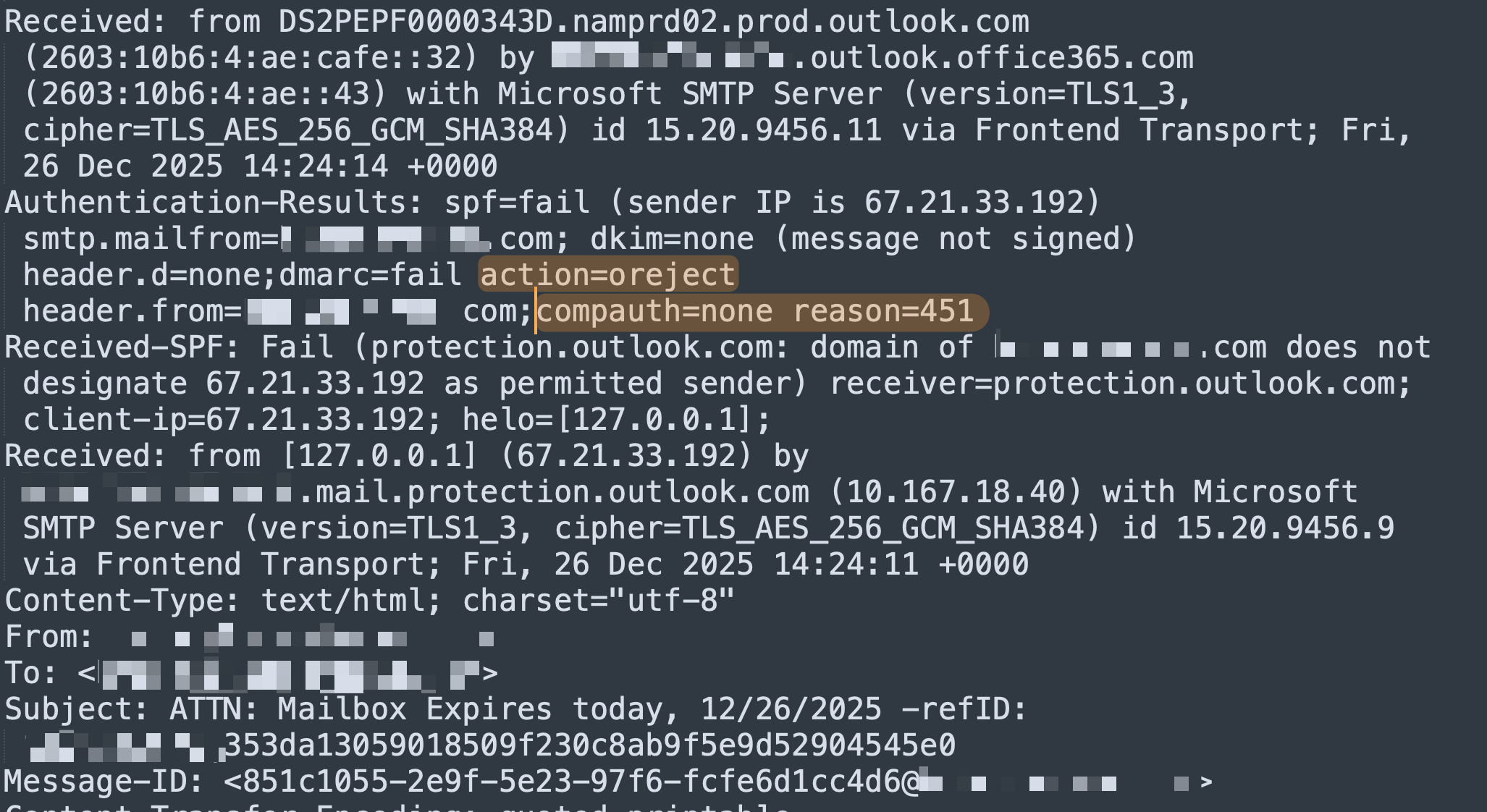 Email header showing dmarc=fail action=oreject and compauth=none reason=451 from a phishing message delivered to a Microsoft 365 inbox despite a p=reject DMARC policy