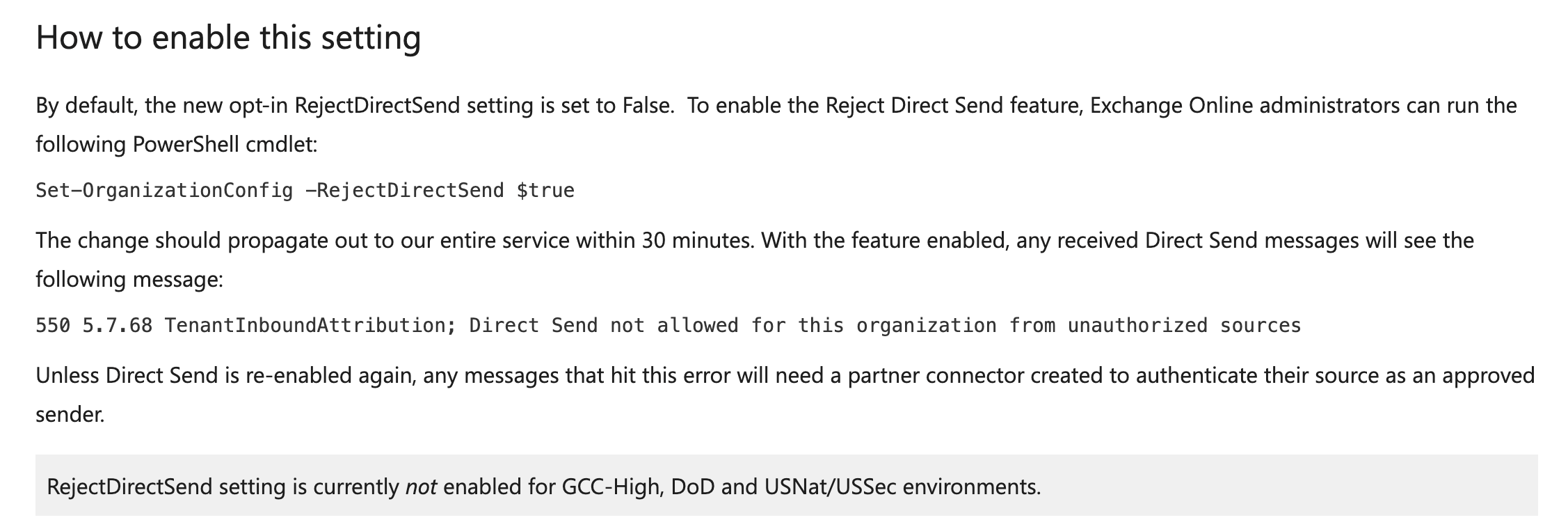 Microsoft Tech Community documentation showing how to enable the RejectDirectSend setting in Exchange Online via PowerShell, including the 30-minute propagation window, the 550 5.7.68 rejection error code, and the GCC-High, DoD, and USNat/USSec environment exclusion