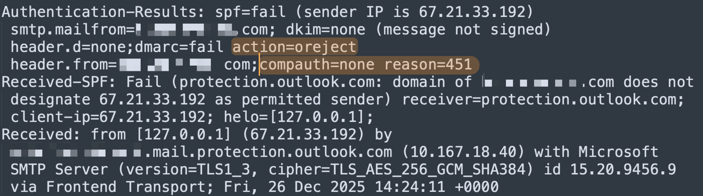 Email header showing dmarc=fail action=oreject and compauth=none reason=451 — the fingerprint of Microsoft 365 silently overriding a DMARC p=reject policy